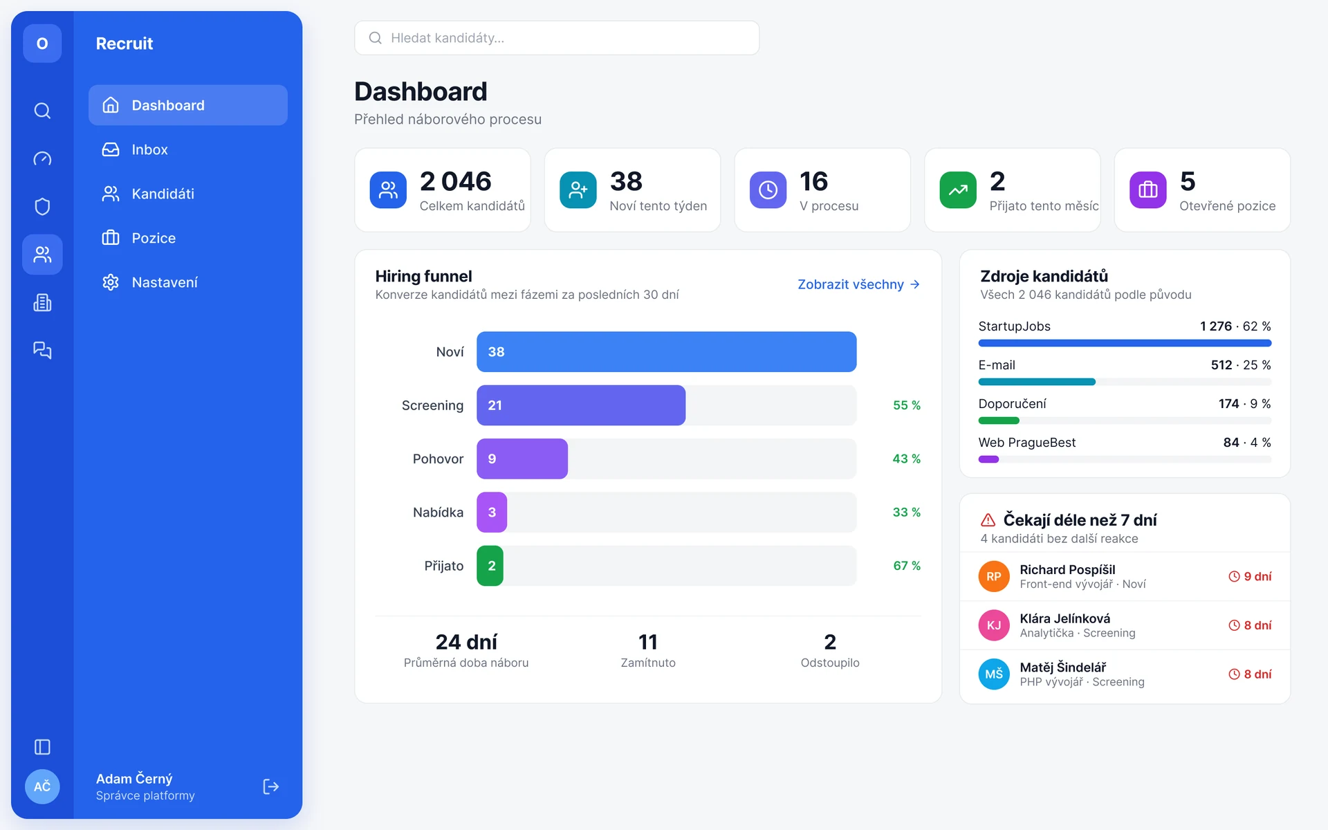 Přehled náboru: počty kandidátů, hiring funnel a zdroje kandidátů (ukázková data).