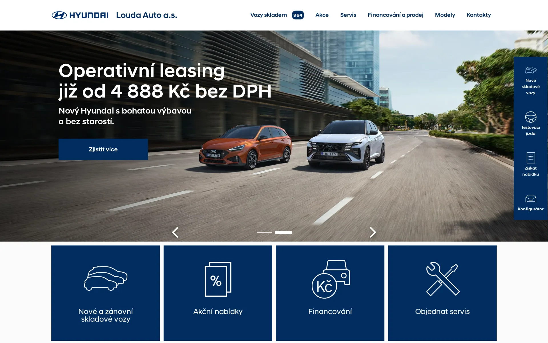 Úvod dealerského webu s rozcestníkem skladových vozů, akčních nabídek, financování a objednání servisu