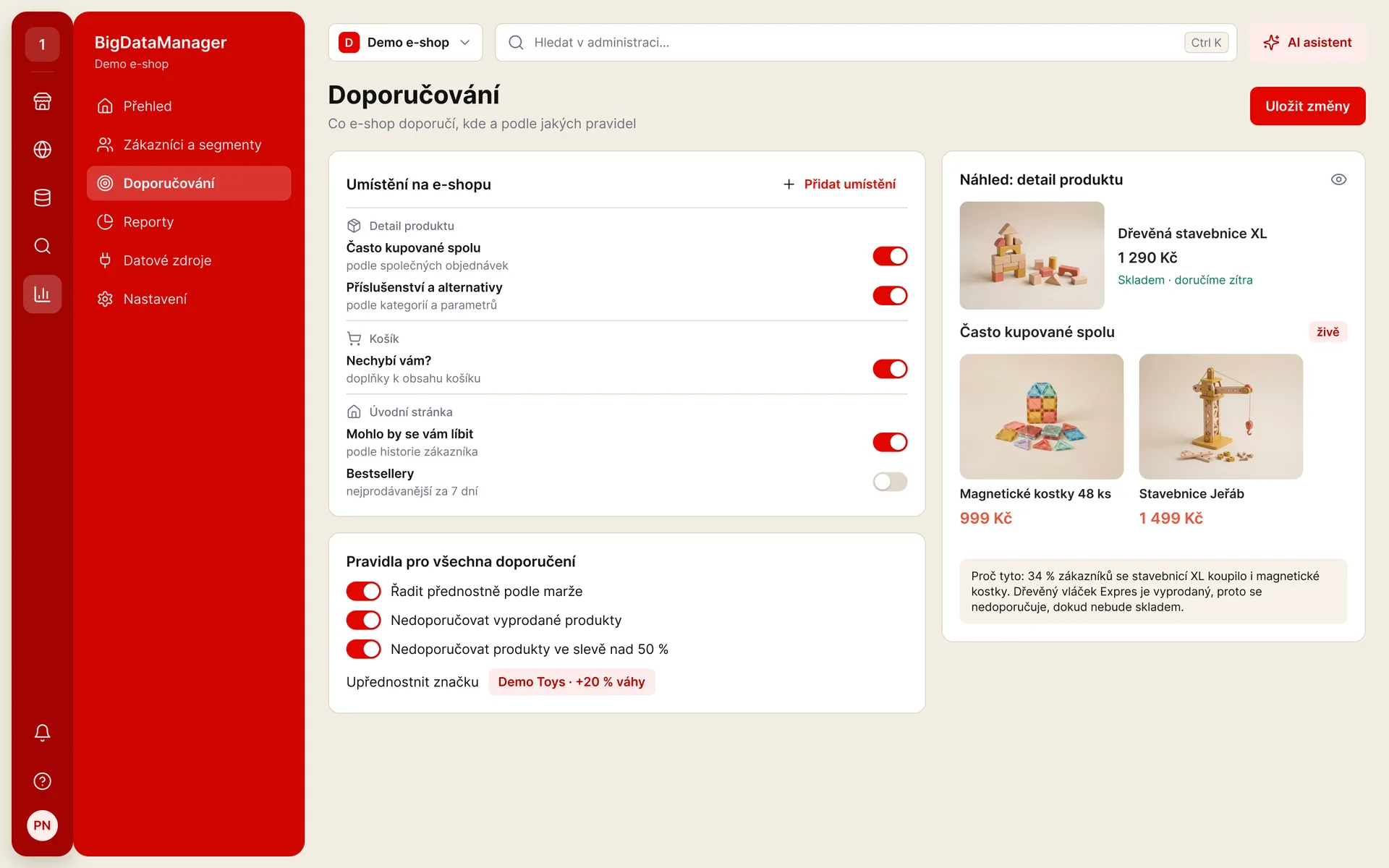 BigDataManager: nastavení doporučování na e-shopu s náhledem (ukázková data)