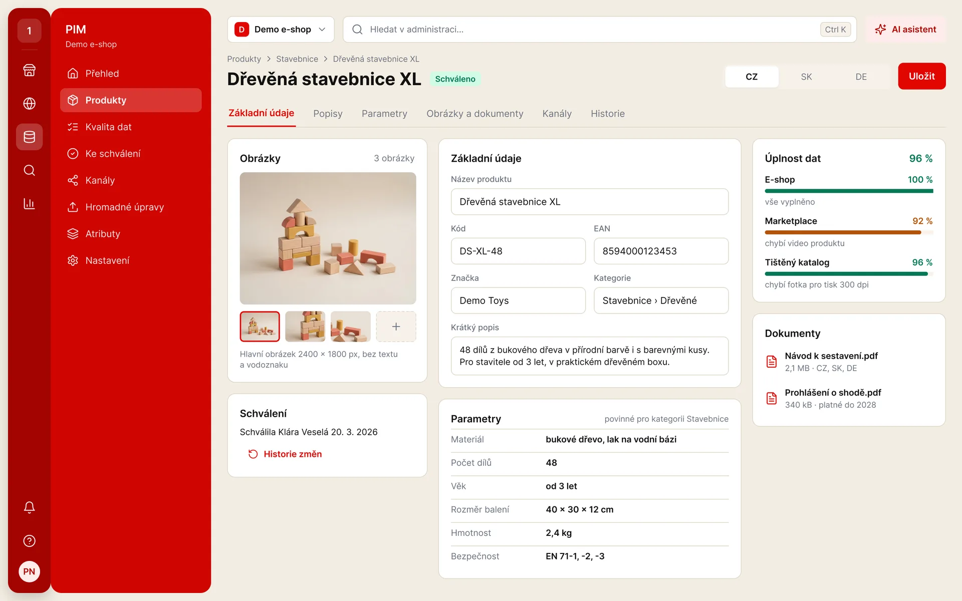 PIM: produktová karta s obrázky, základními údaji, parametry a dokumenty (ukázková data)