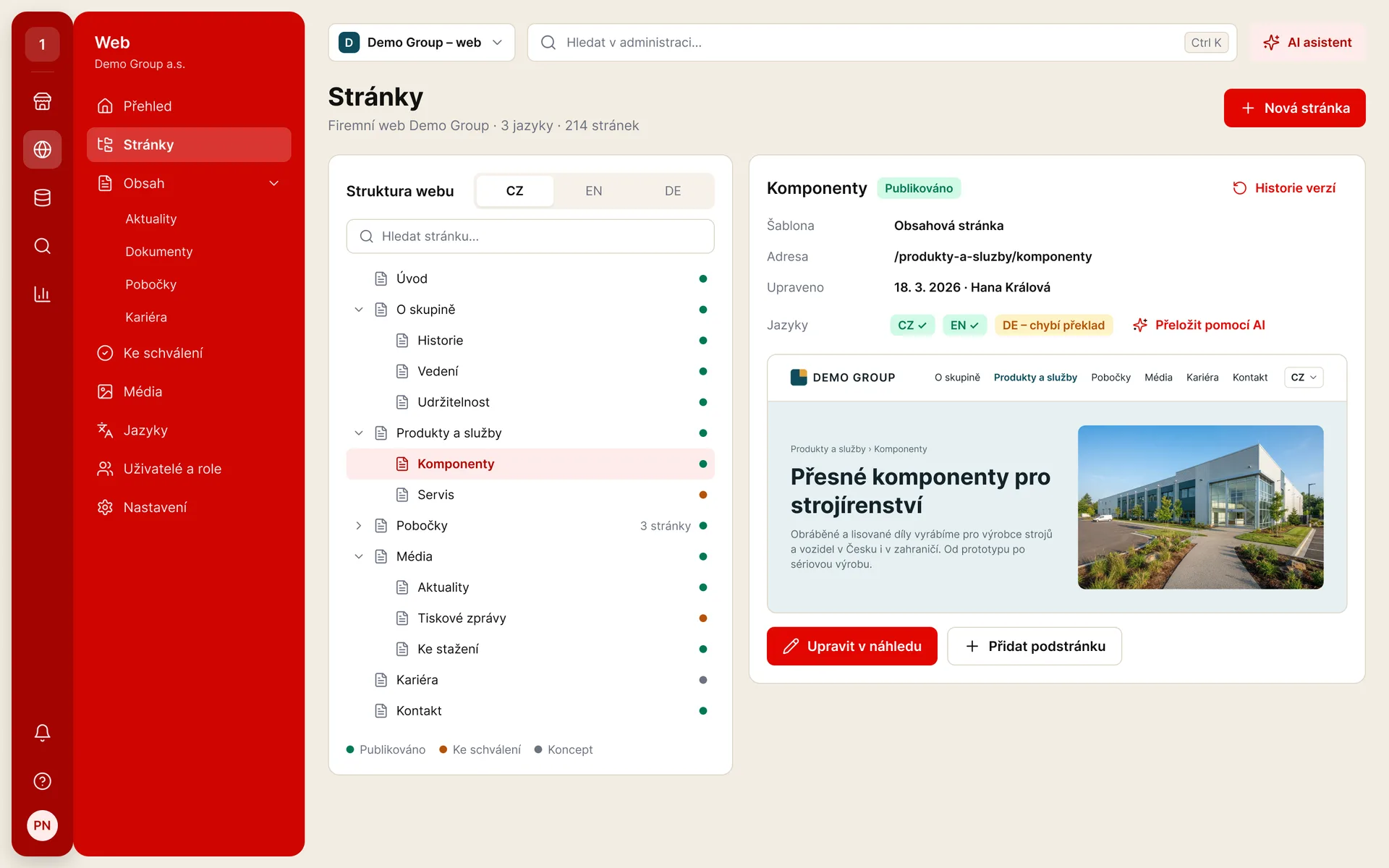 ePublisher: strom stránek webu s detailem vybrané stránky (ukázková data)