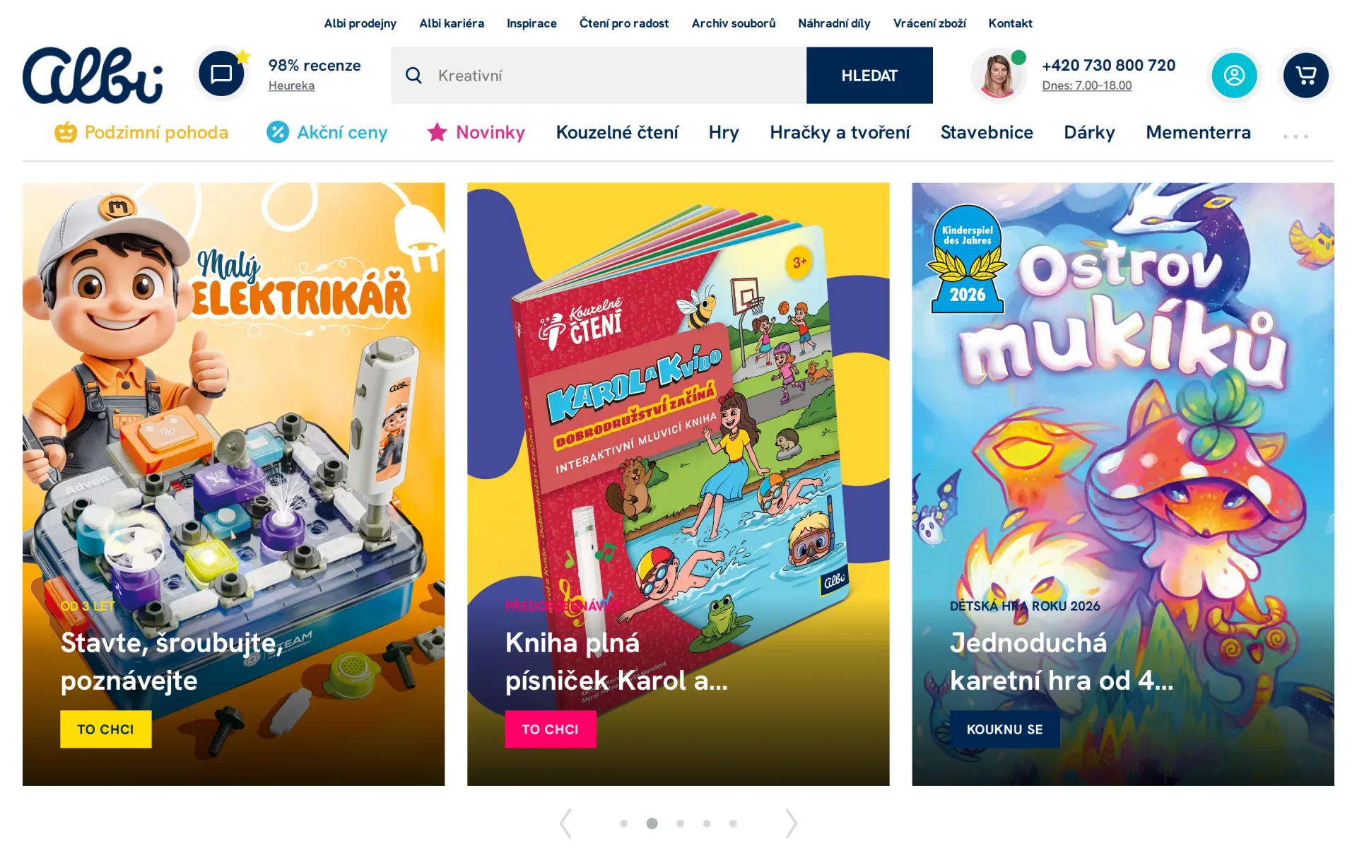 Úvodní stránka e-shopu albi.cz s bannery a nabídkou her