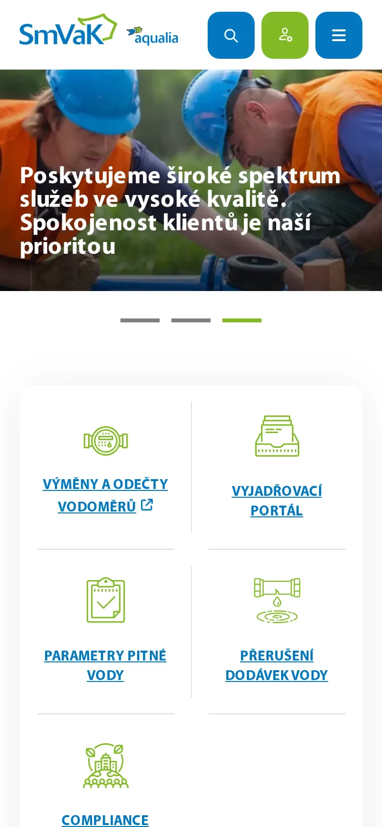 Úvodní stránka smvak.cz s rozcestníkem zákaznických služeb na mobilu