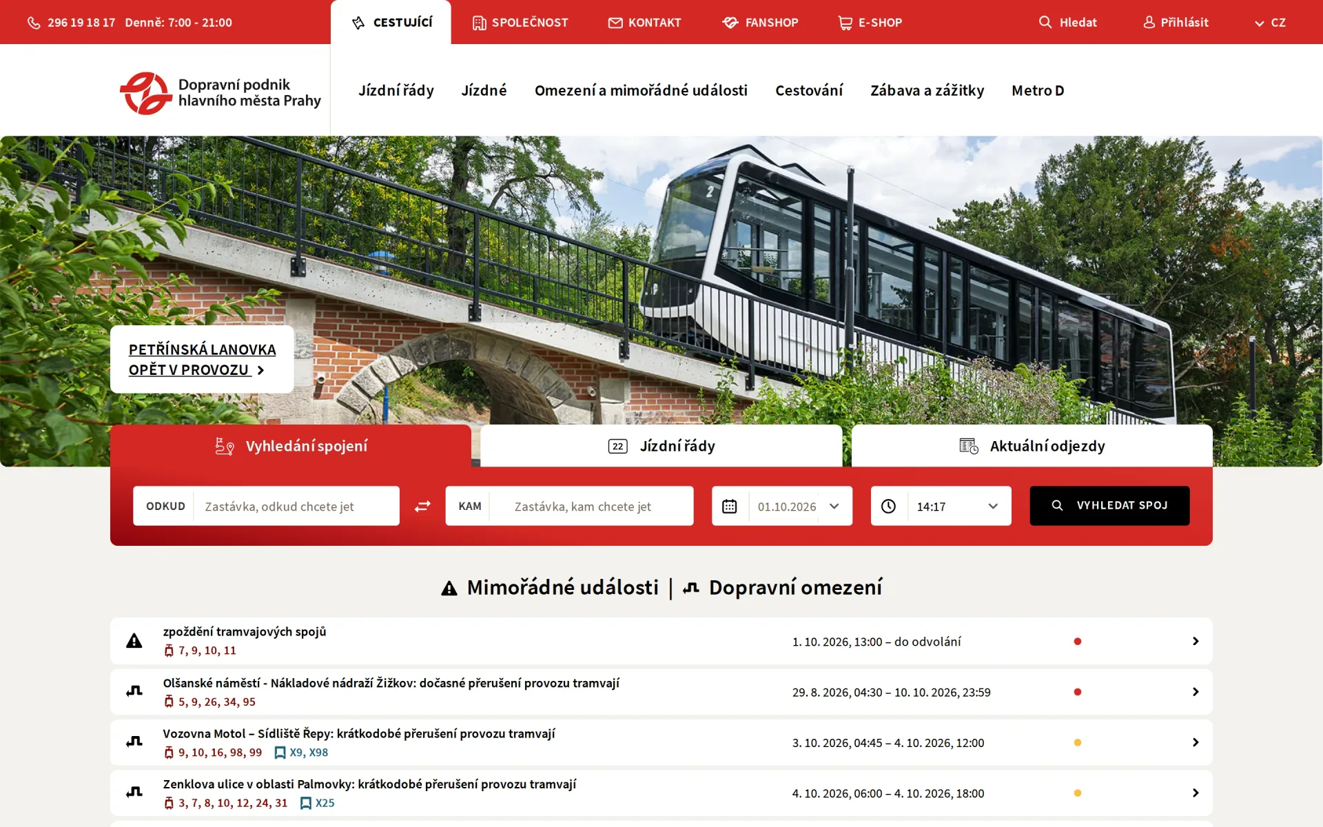Úvodní stránka webu DPP s vyhledáním spojení, jízdními řády, aktuálními odjezdy a mimořádnými událostmi