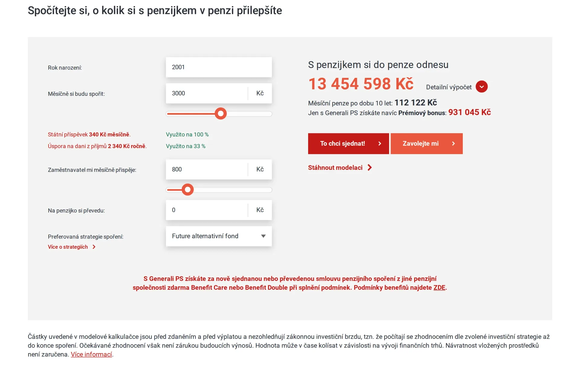 Kalkulačka penzijního spoření s posuvníky příspěvku a výsledkem naspořené částky
