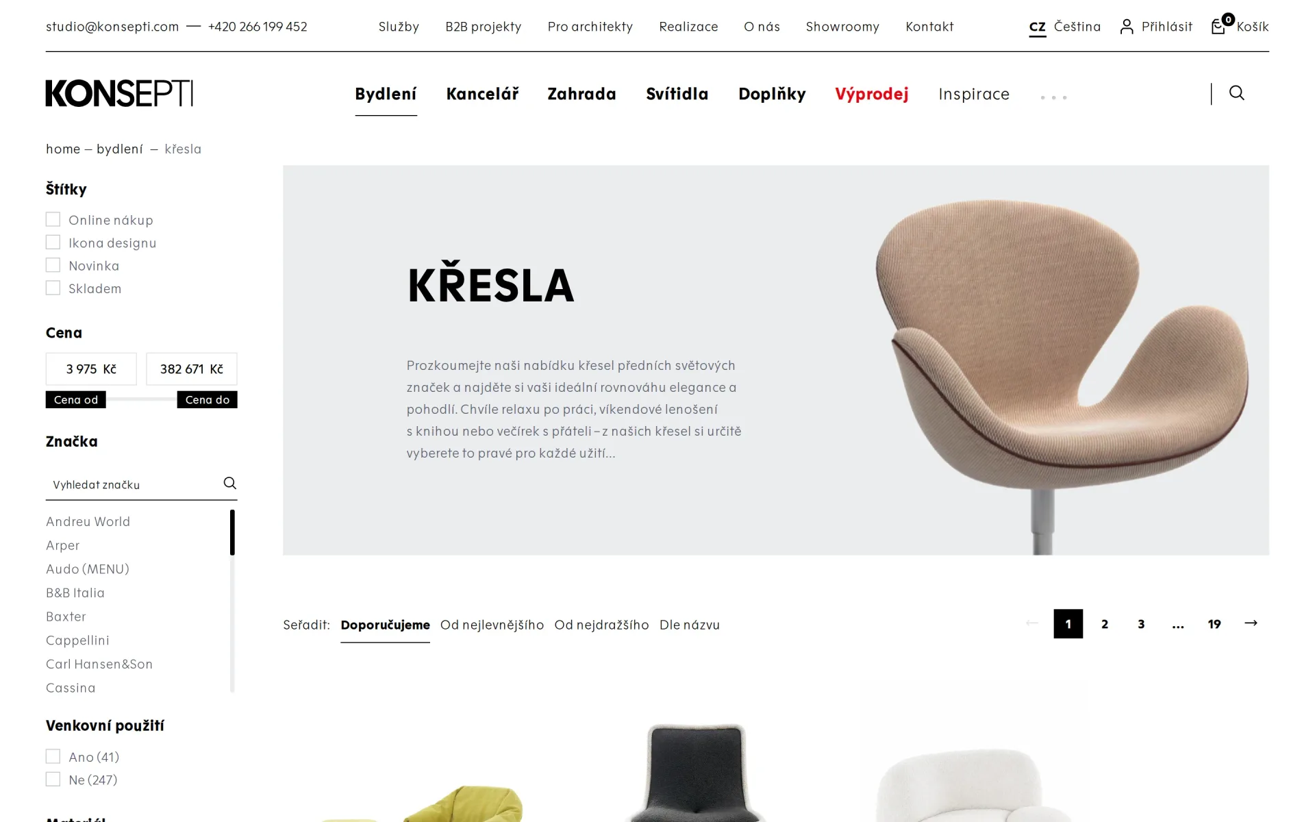 Výpis kategorie křesel na konsepti.com s filtry podle značky a designéra