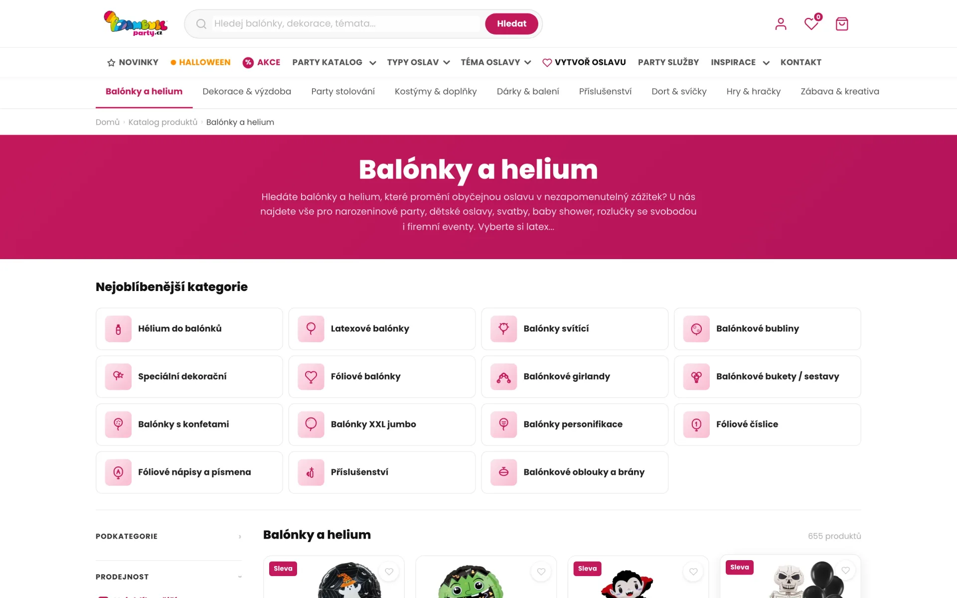 Kategorie Balónky a helium na Bambule Party s nejoblíbenějšími podkategoriemi