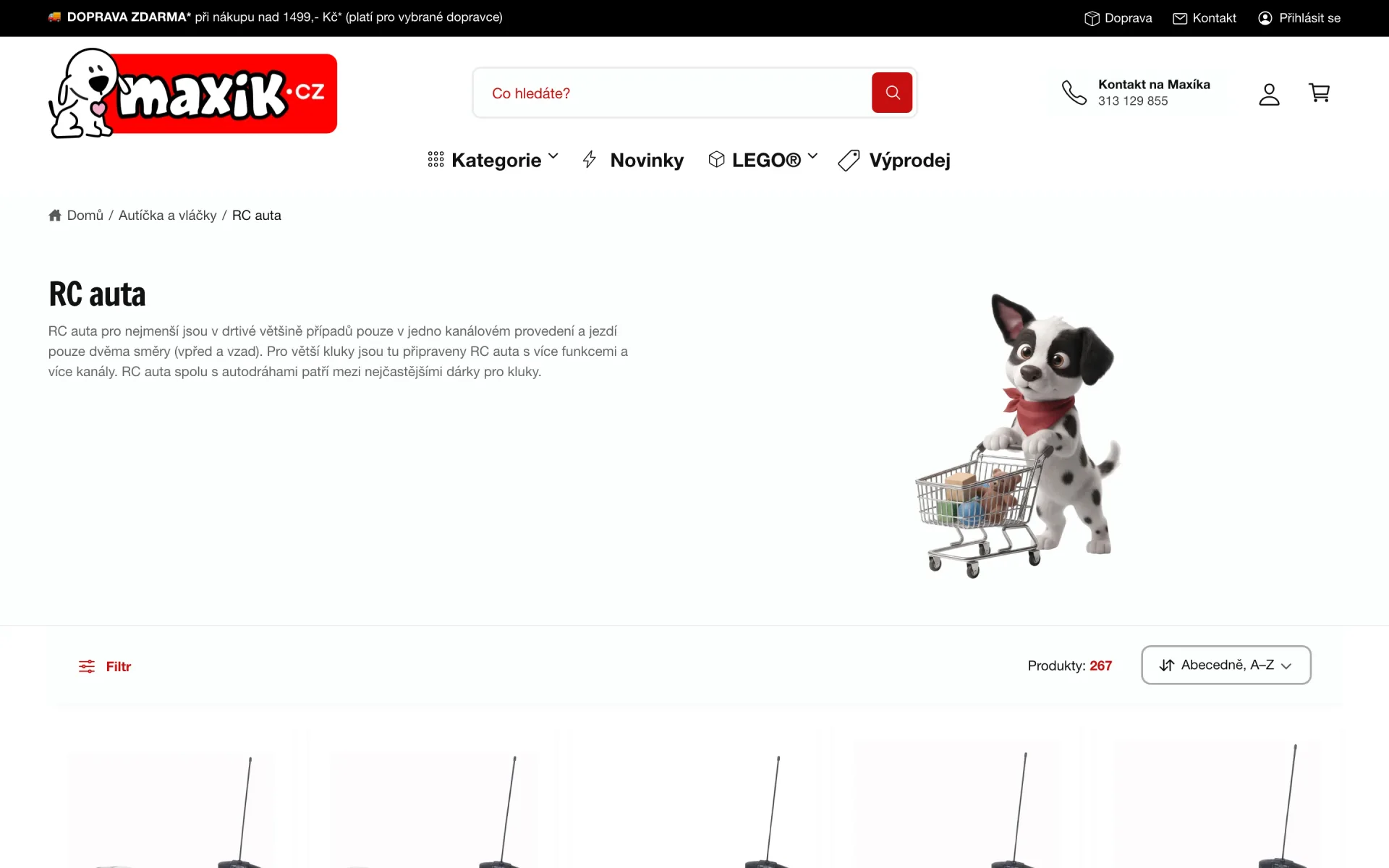 Kategorie RC auta na Maxíku s popisem kategorie a pejskem Maxíkem