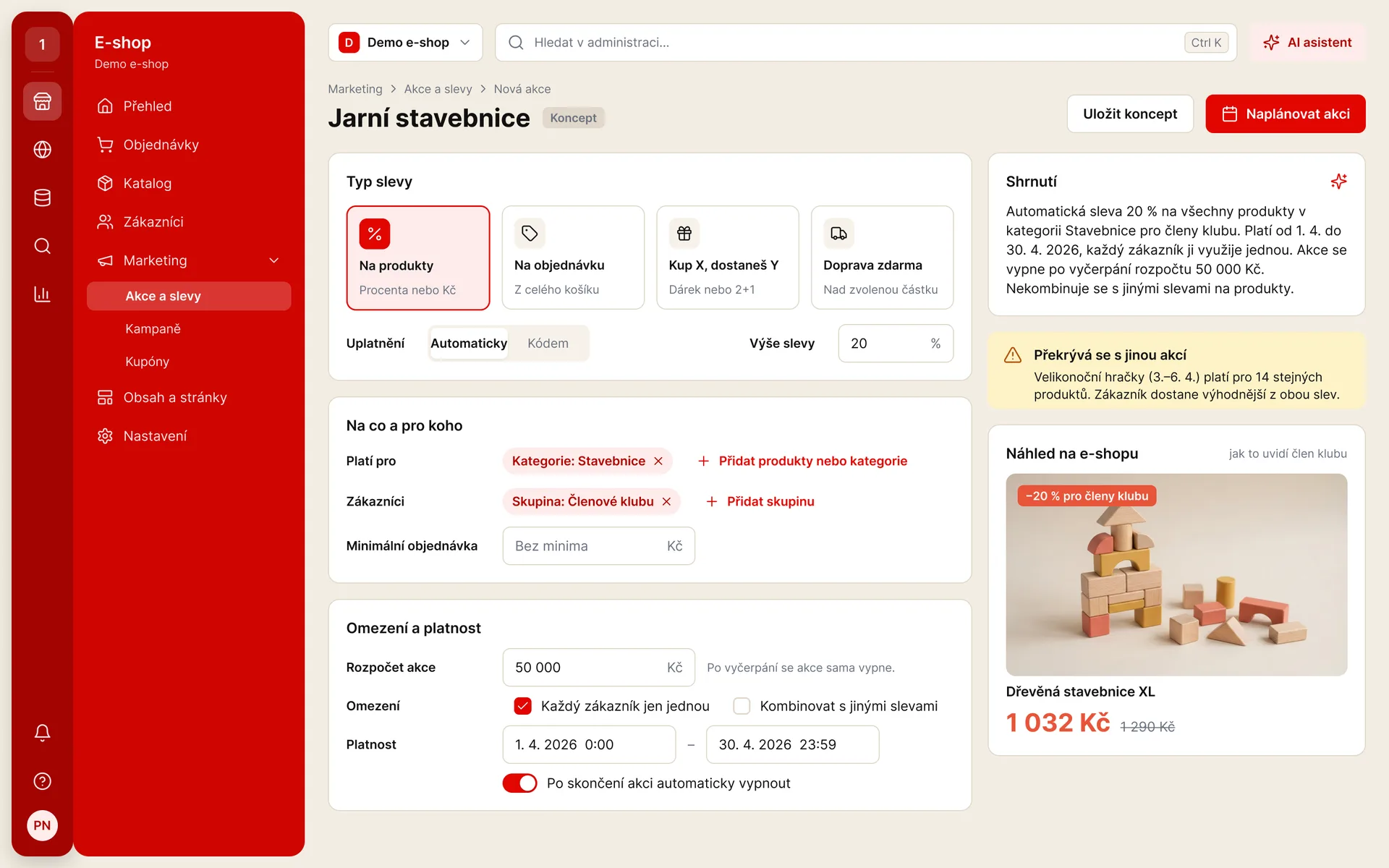 Administrace e-shopu: nastavení promoakce – typ slevy, pro koho platí, omezení a náhled (ukázková data)