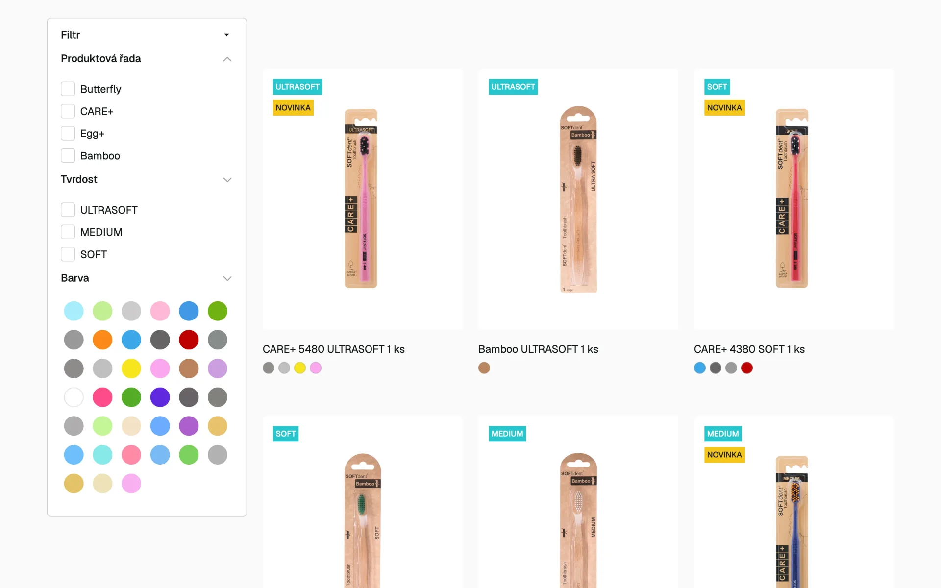 Kategorie Klasické kartáčky: filtr podle produktové řady, tvrdosti a barvy vedle výpisu kartáčků