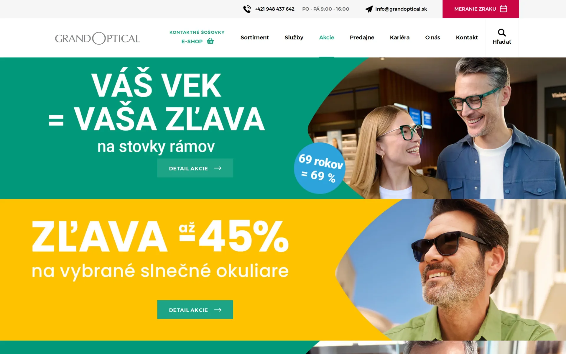 Přehled aktuálních akcí a kampaní optiky GrandOptical s kartami jednotlivých akcí na počítači.