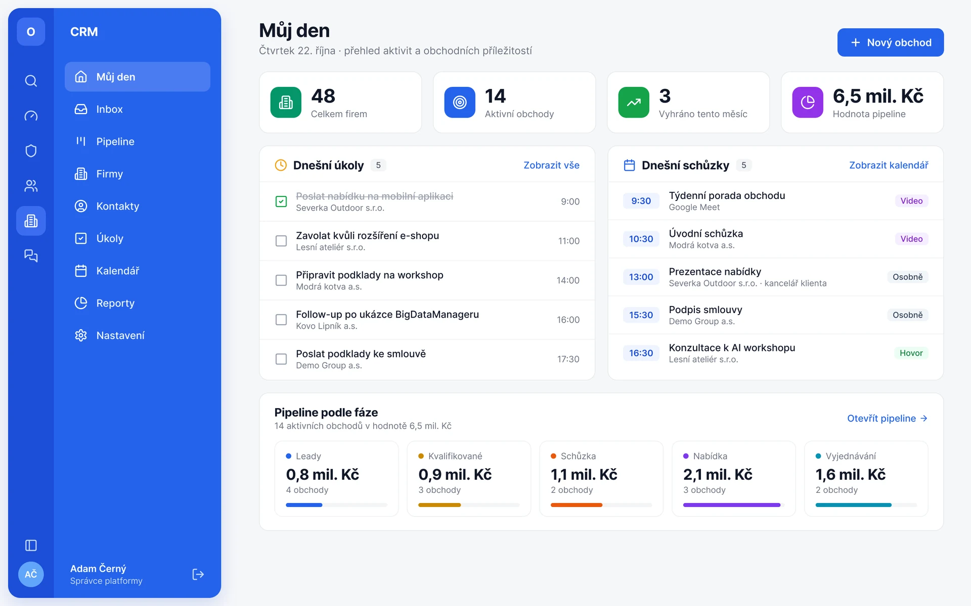 Můj den v aplikaci CRM: dnešní úkoly, schůzky a obchody podle fáze (ukázková data).