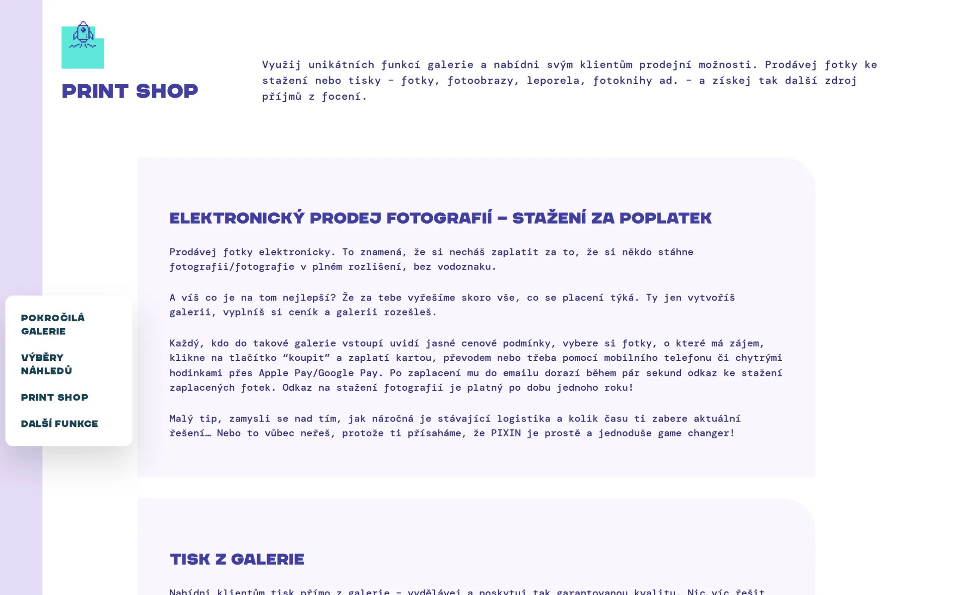 Sekce Print shop na stránce funkcí Pixinu s nabídkou tisku fotografií