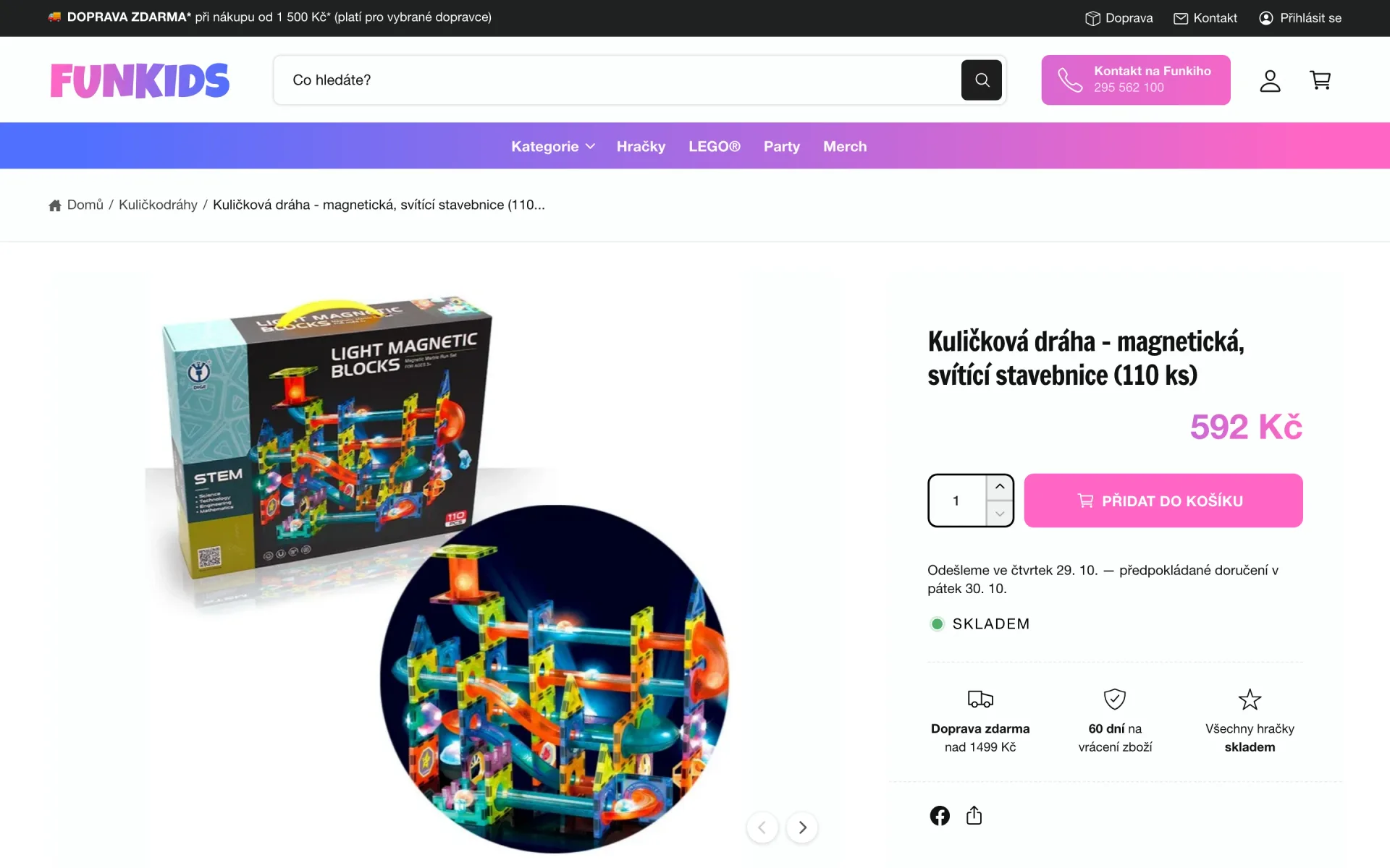 Detail produktu na Funkids s cenou, dostupností a tlačítkem pro vložení do košíku