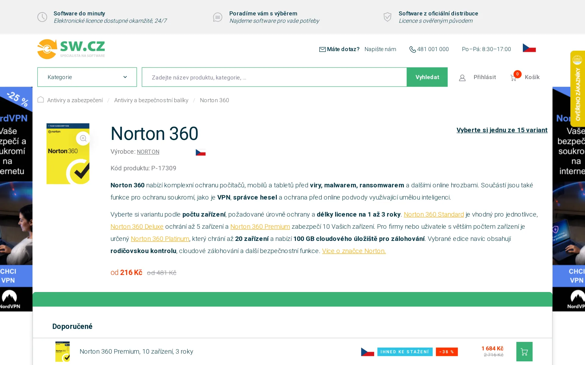 Detail licence Norton 360 na sw.cz s výběrem varianty, cenou a dostupností