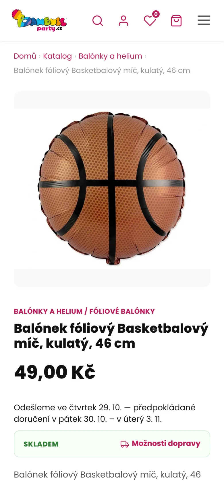 Detail fóliového balónku na Bambule Party v mobilu s cenou a dostupností
