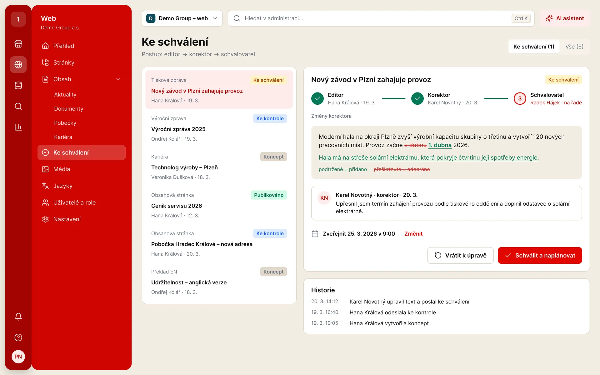 ePublisher: seznam obsahu ke schválení s detailem a historií (ukázková data)