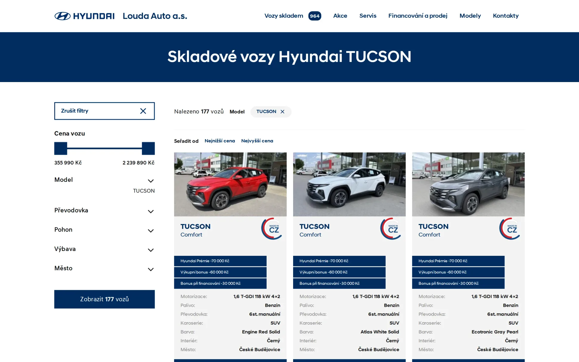 Výpis skladových vozů Hyundai Tucson s filtrem a kartami vozů