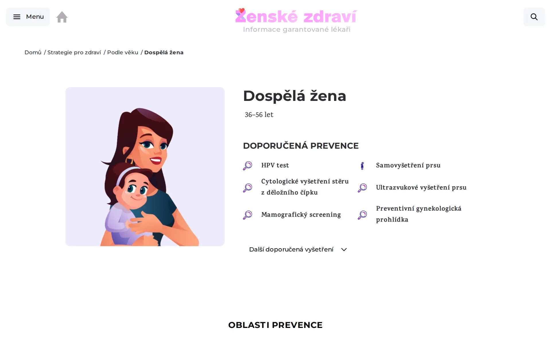 Stránka Dospělá žena s doporučenou prevencí a kartami oblastí prevence