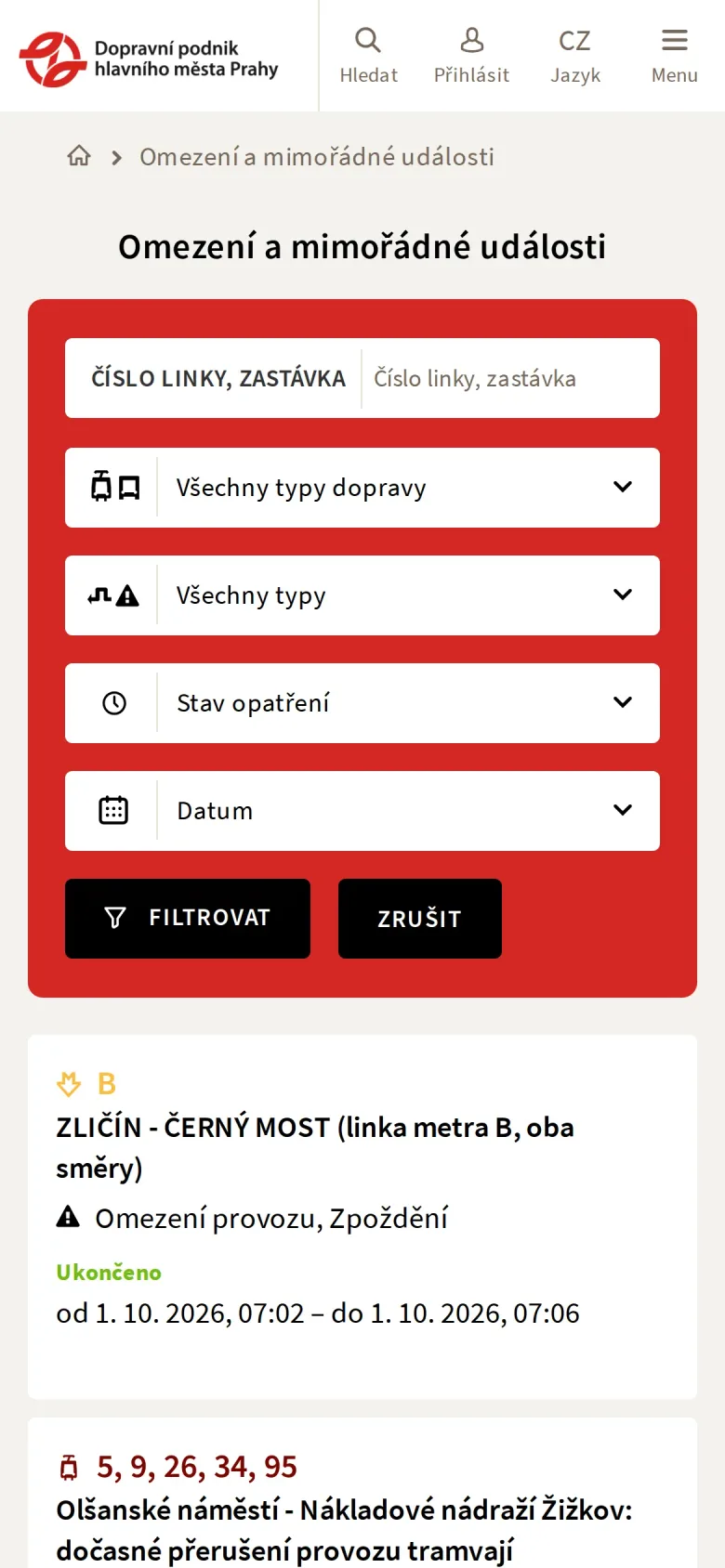 Omezení a mimořádné události na mobilu s filtrem podle linky, typu, stavu a data