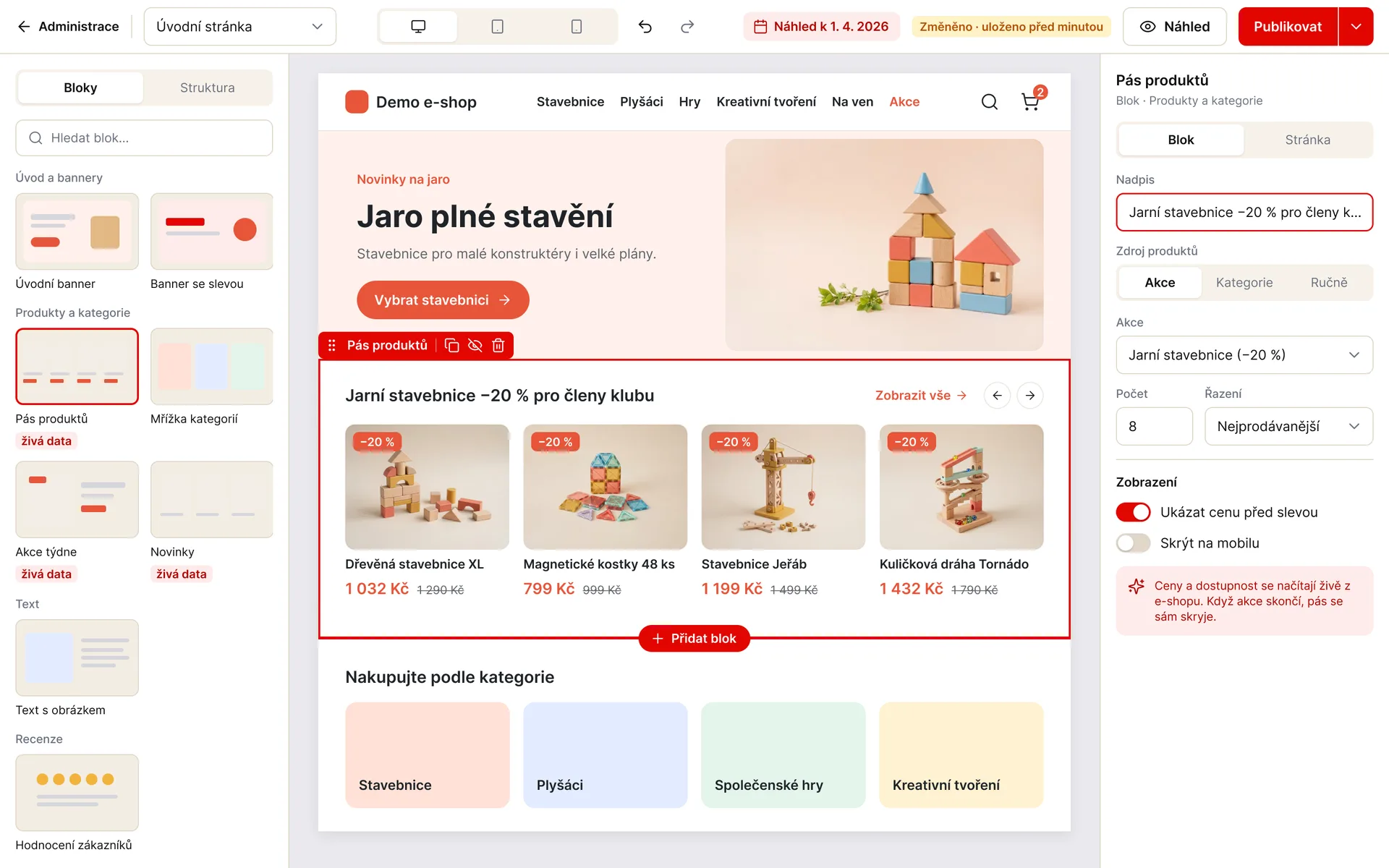 WebPage Builder: stránka poskládaná z bloků s nastavením vybraného bloku (ukázková data)