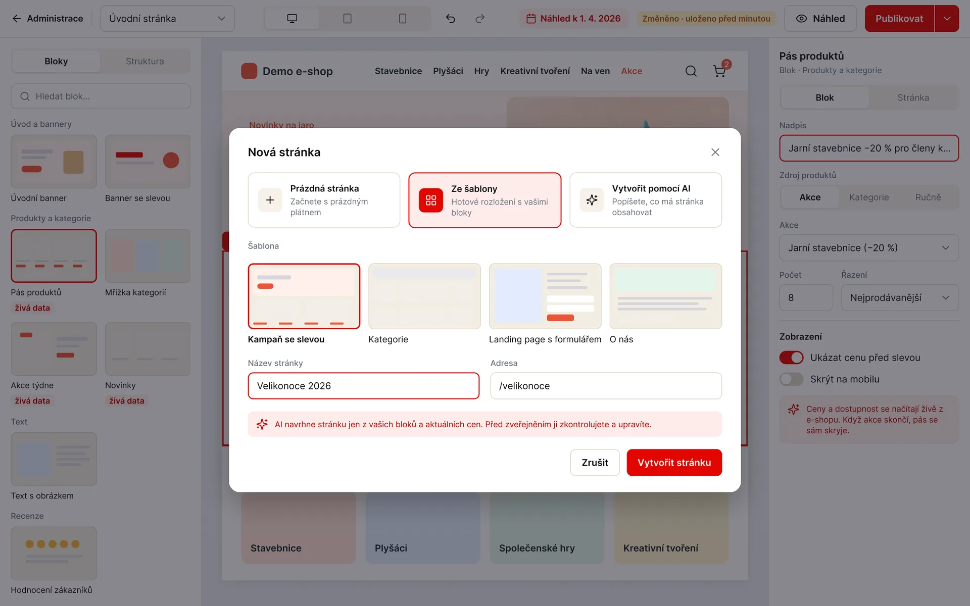 WebPage Builder: nová stránka ze šablony Kampaň se slevou, s návrhem stránky pomocí AI z vlastních bloků (ukázková data)