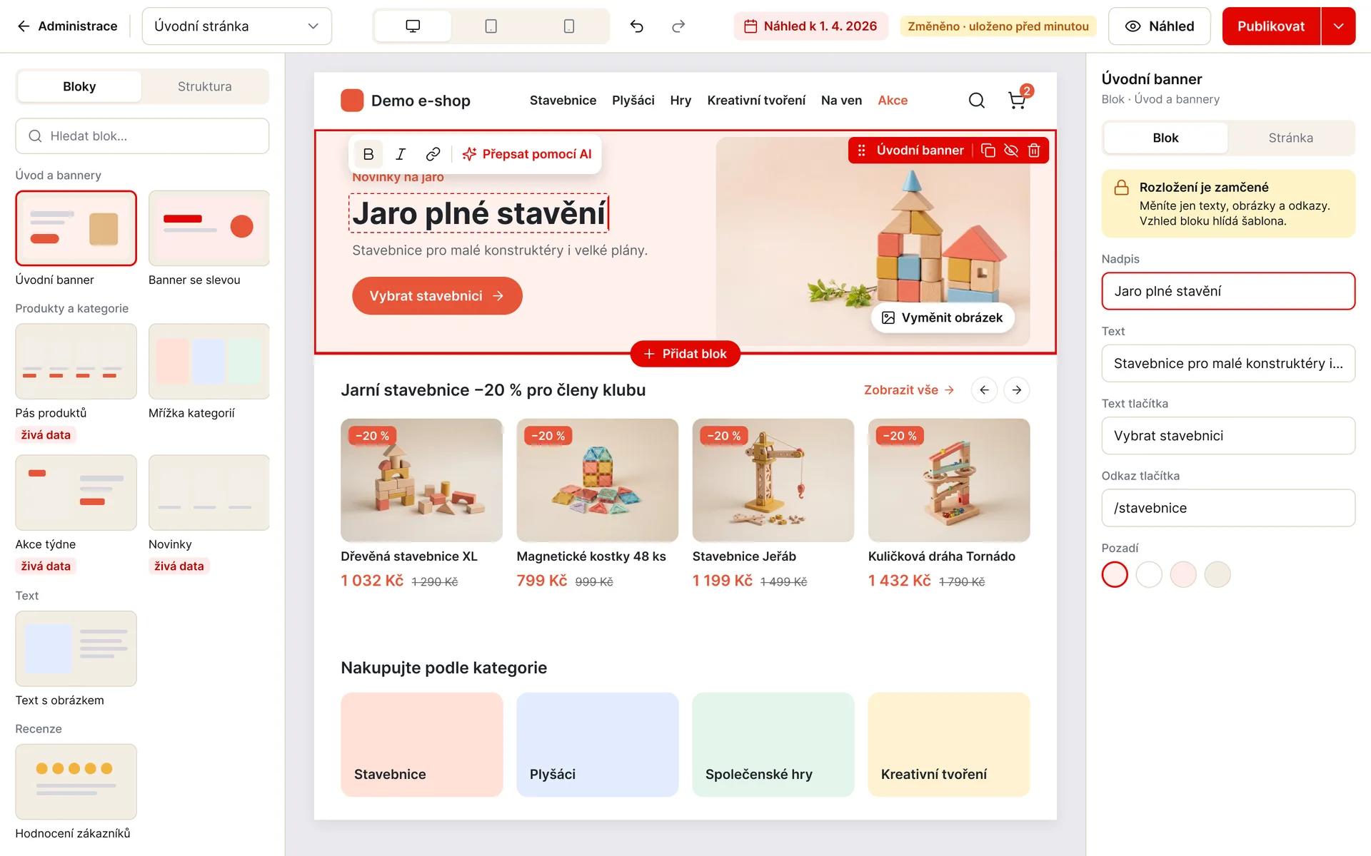 WebPage Builder: úprava nadpisu a obrázku přímo na stránce, rozložení bloku hlídá šablona (ukázková data)