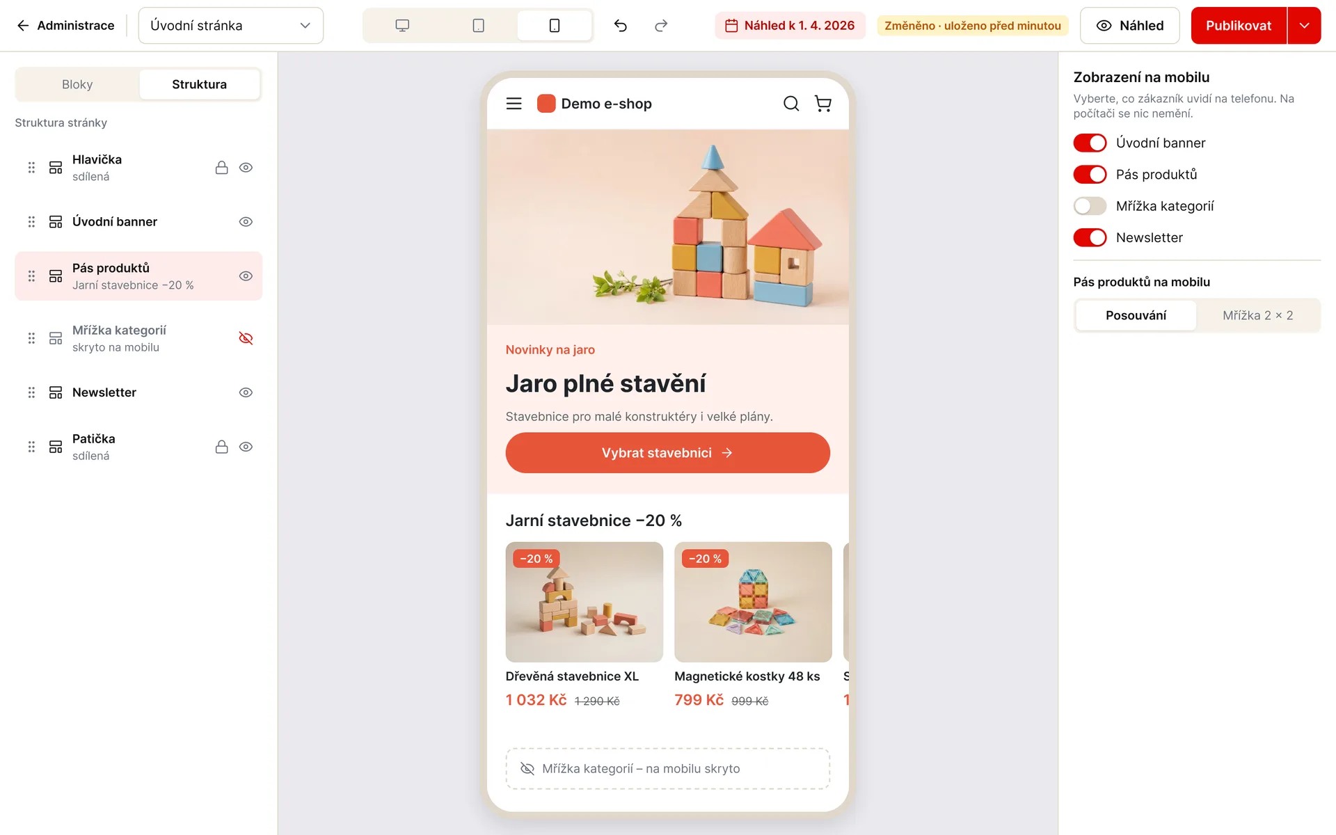 WebPage Builder: náhled stránky na mobilu s volbou, které bloky se na telefonu zobrazí (ukázková data)