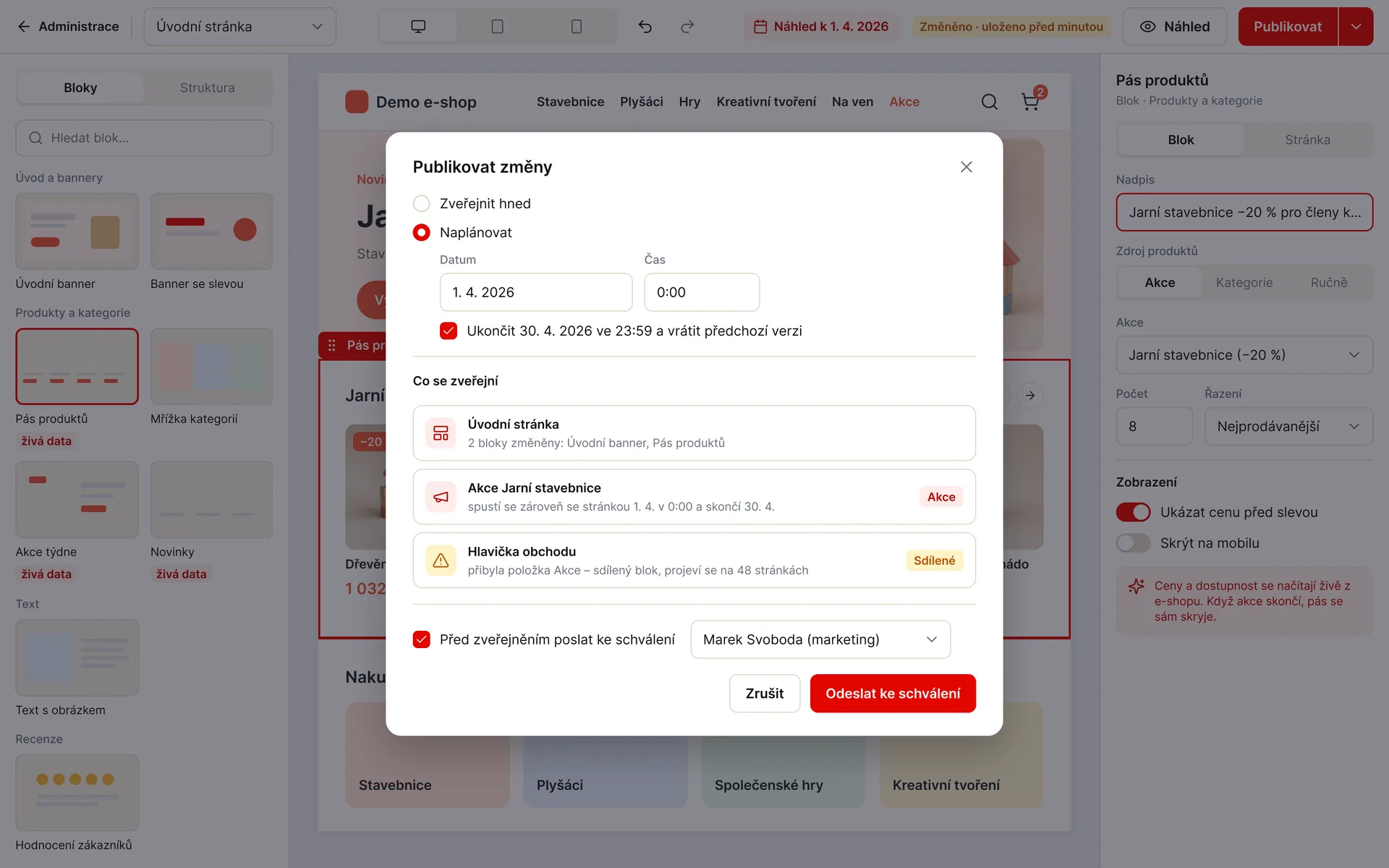 WebPage Builder: naplánované zveřejnění stránky s akcí, přehledem změn a odesláním ke schválení (ukázková data)