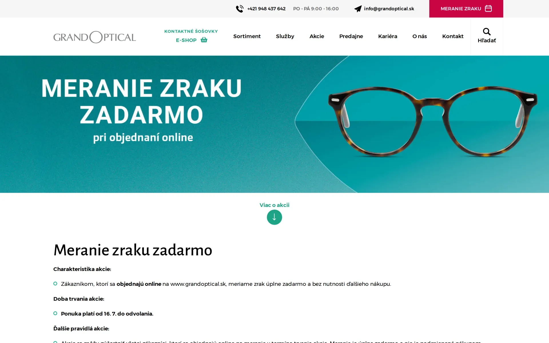 Stránka akce Meranie zraku zadarmo s popisem akce a odkazem na objednání na počítači.