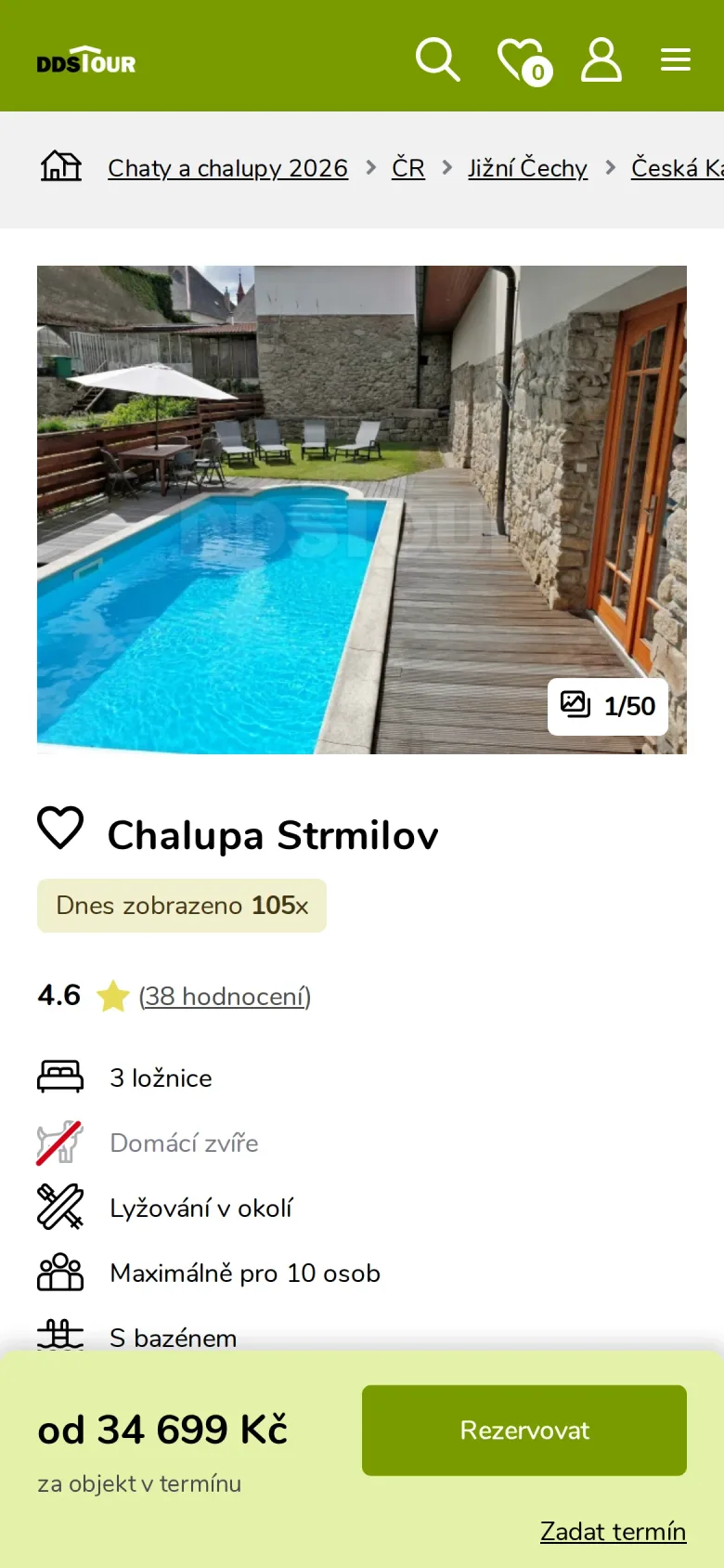 Detail chalupy na mobilu s galerií, cenou, výběrem termínu, parametry a hodnocením