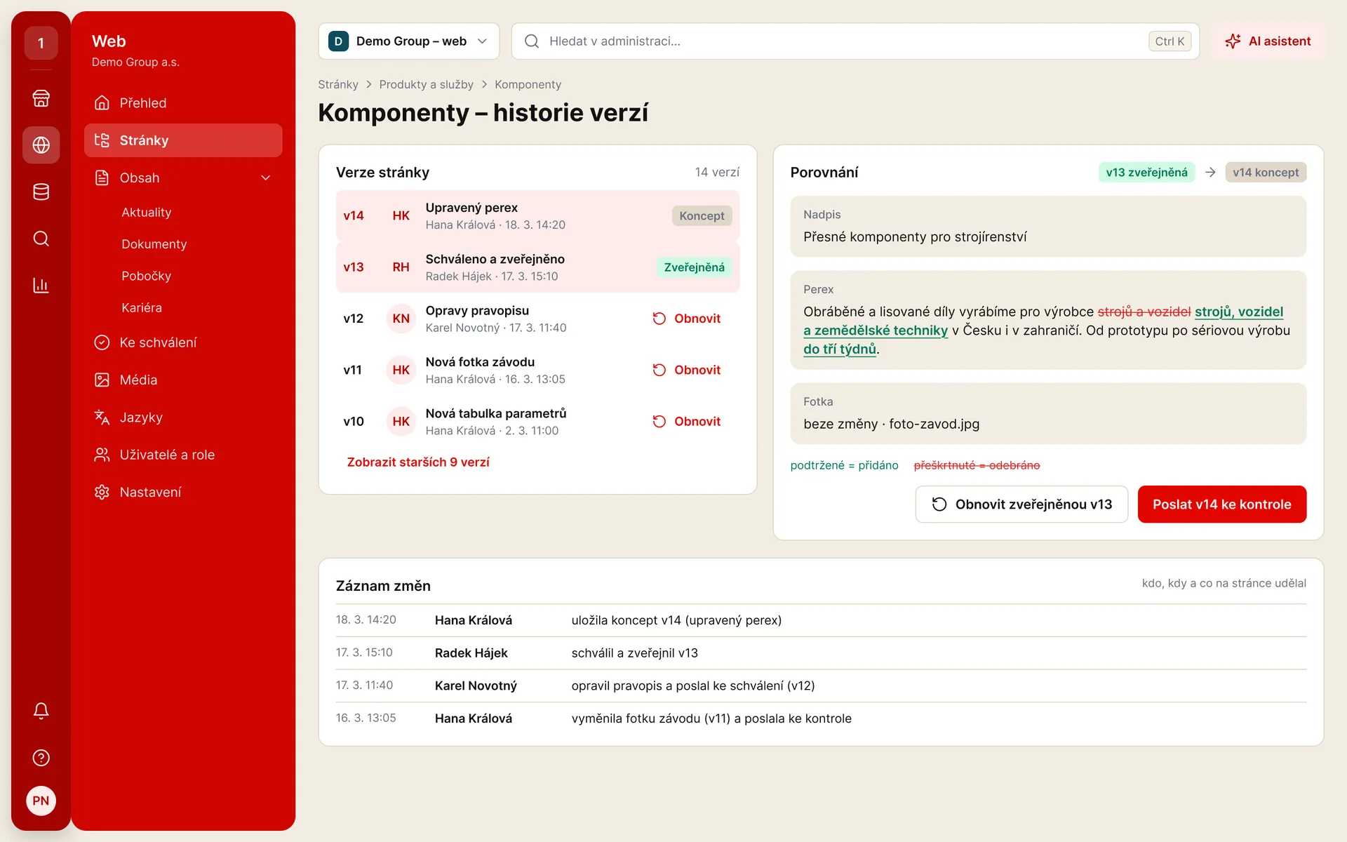 ePublisher: historie verzí komponenty s porovnáním a záznamem změn (ukázková data)