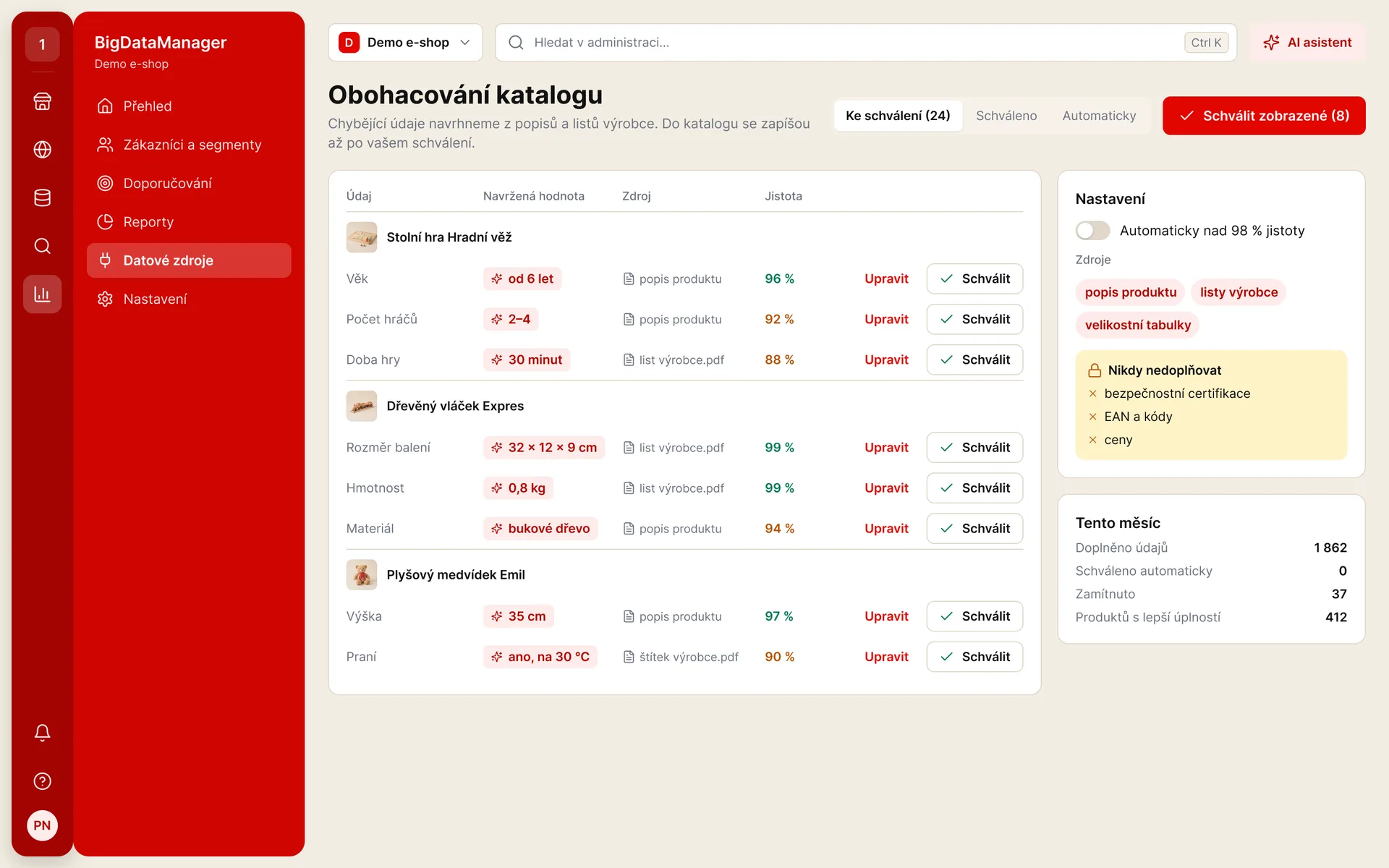 BigDataManager: obohacování katalogu – navržené popisy a parametry ke schválení (ukázková data)