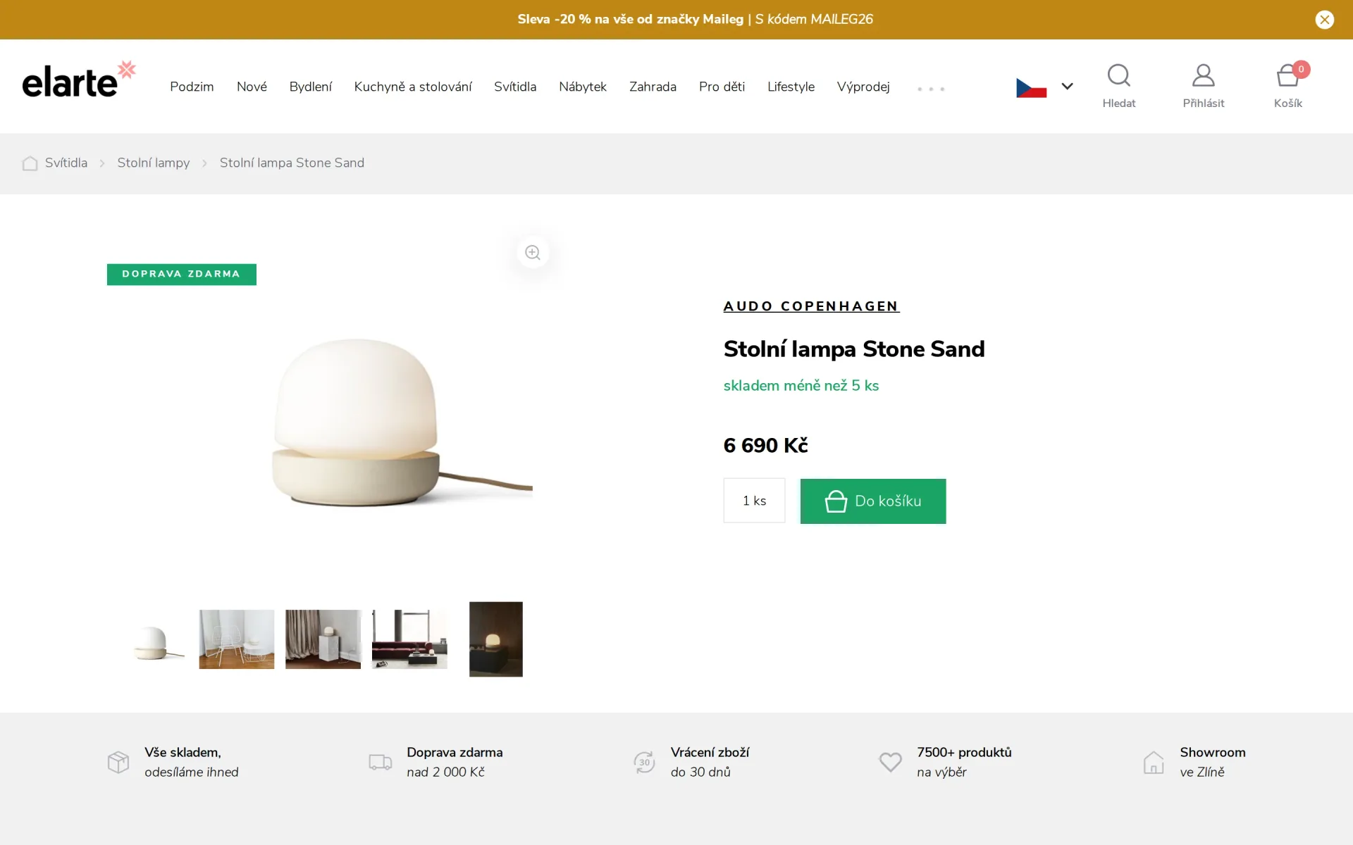 Detail produktu stolní lampa s galerií, cenou, skladovou dostupností a tlačítkem do košíku na počítači.