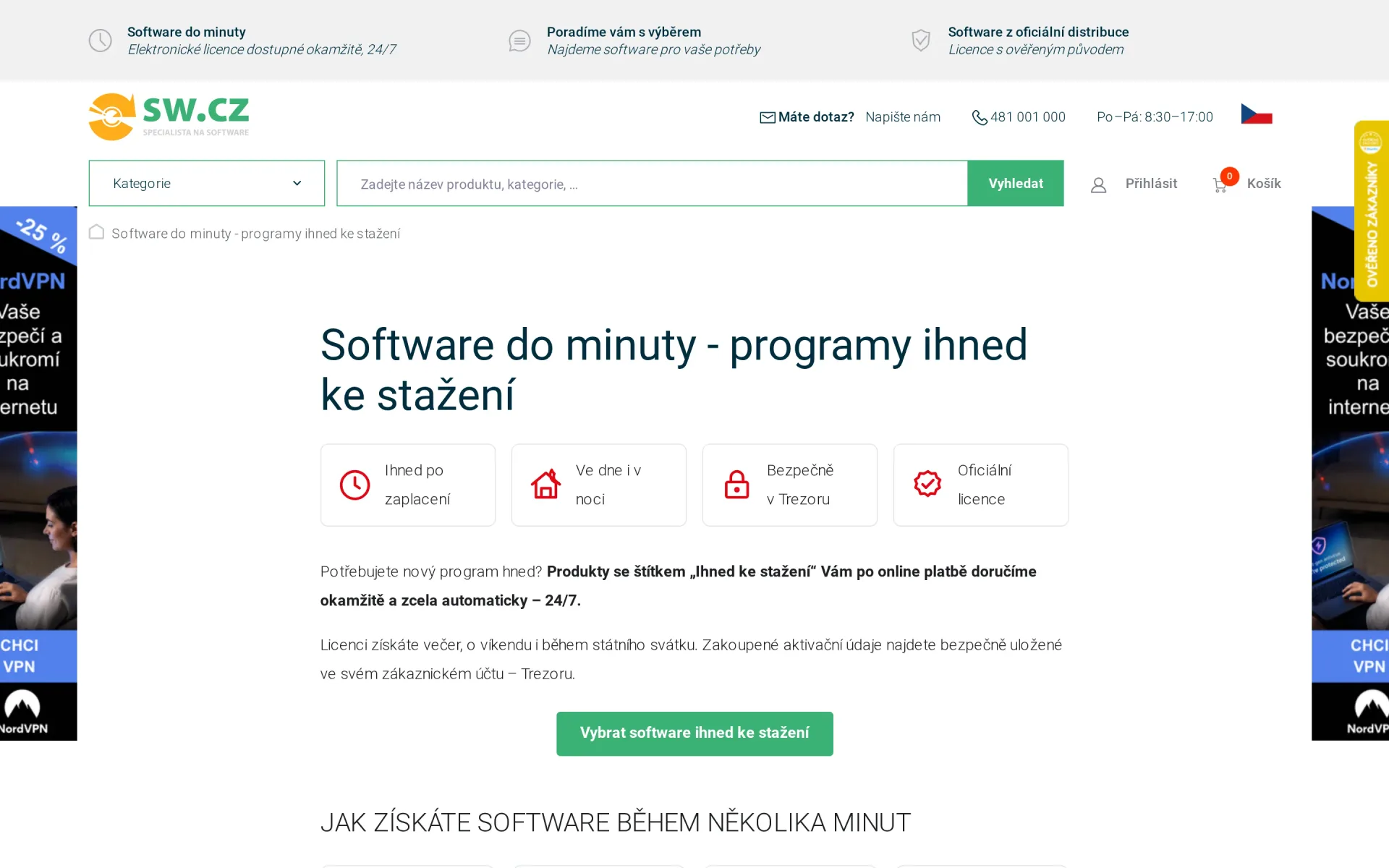 Stránka Software za minutu na sw.cz vysvětlující okamžité doručení licence