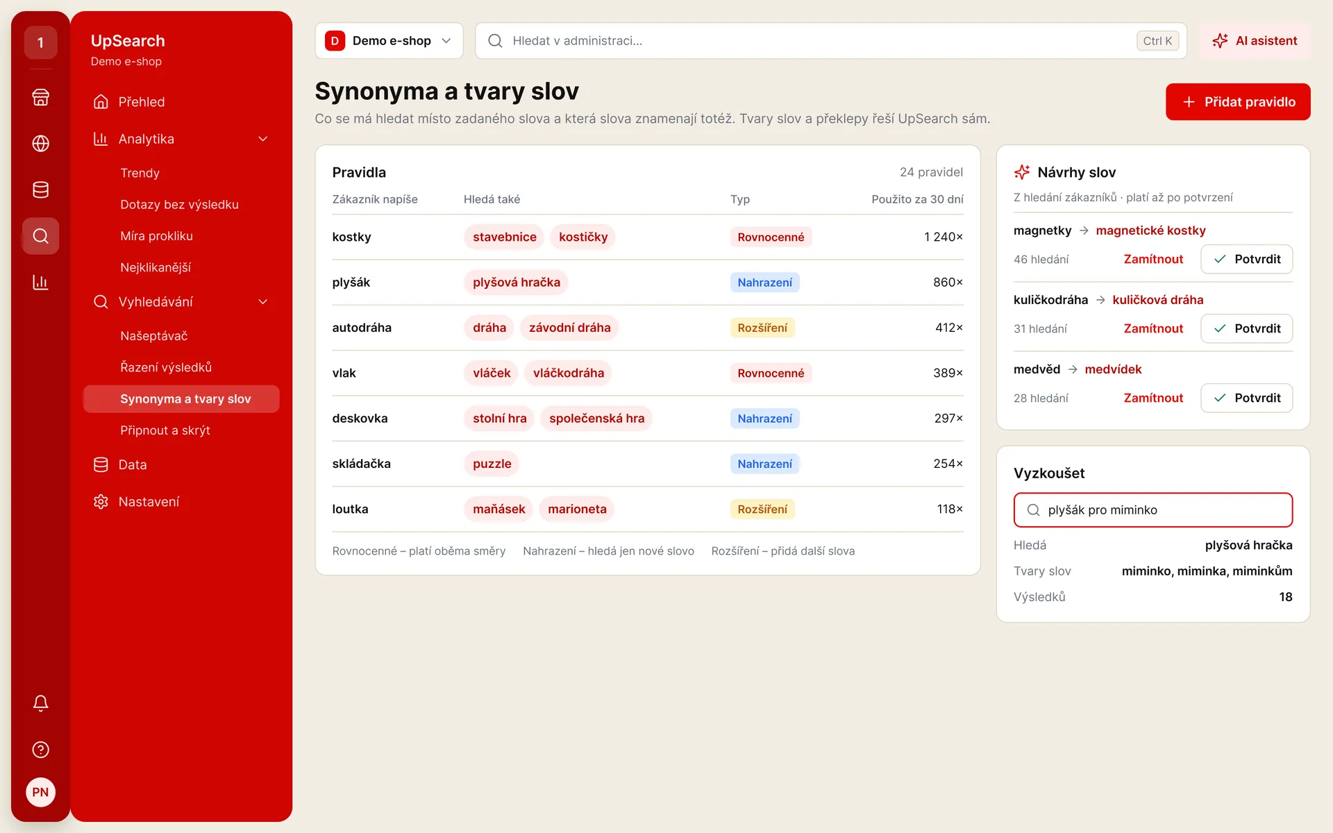 UpSearch: synonyma a tvary slov (ukázková data)