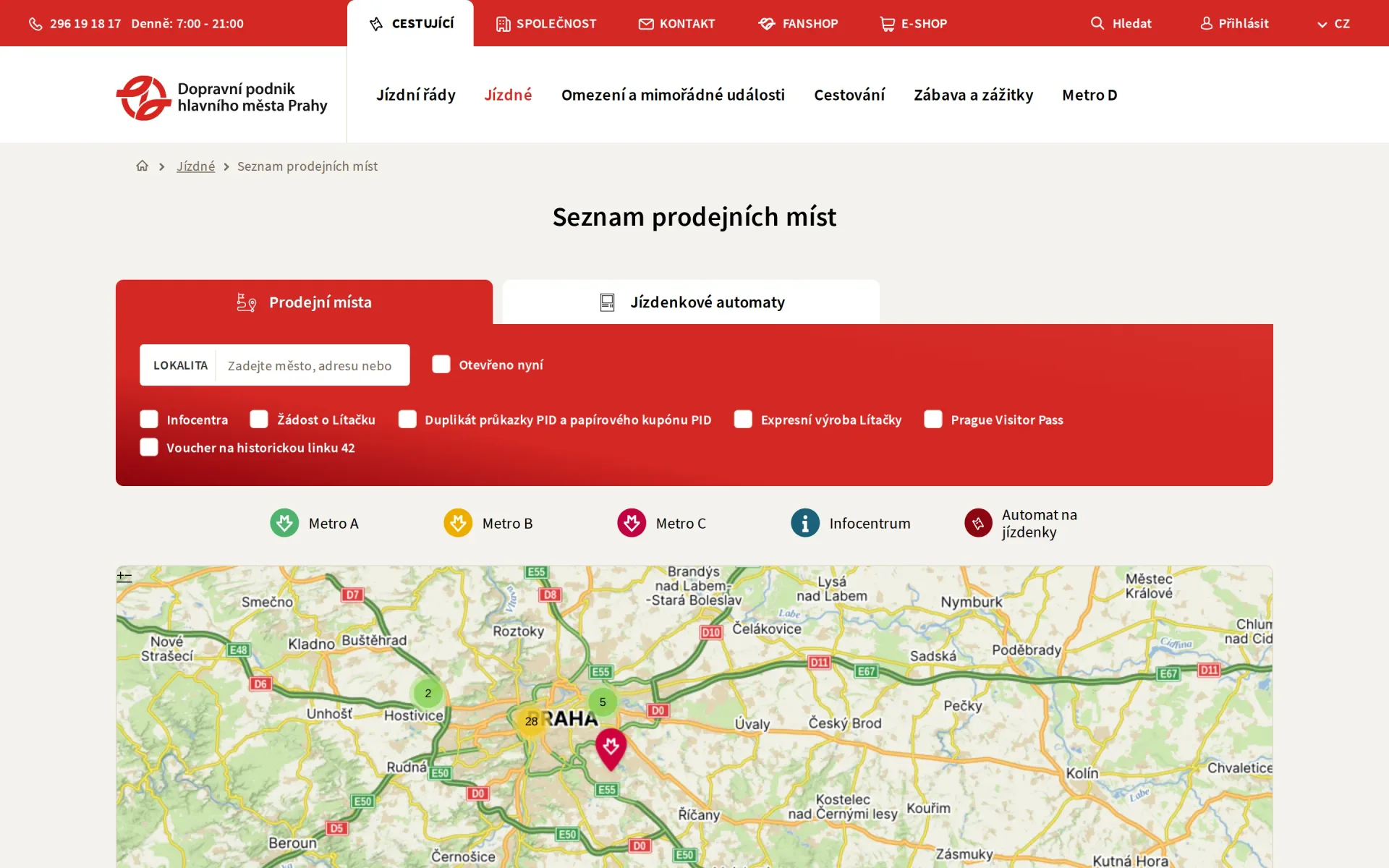 Seznam prodejních míst s mapou a filtrem podle lokality a služeb