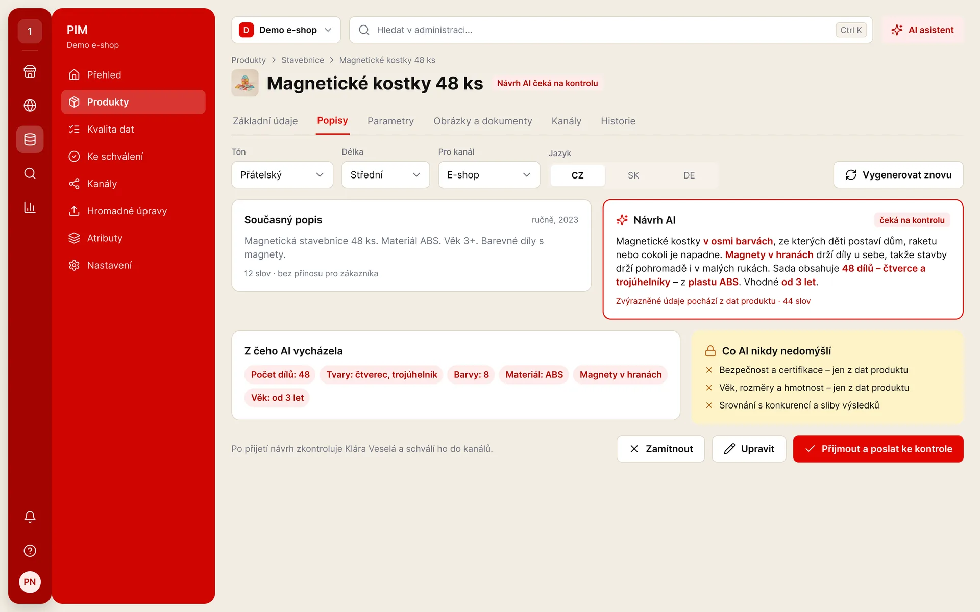 PIM: AI návrh popisu produktu ke kontrole a schválení (ukázková data)