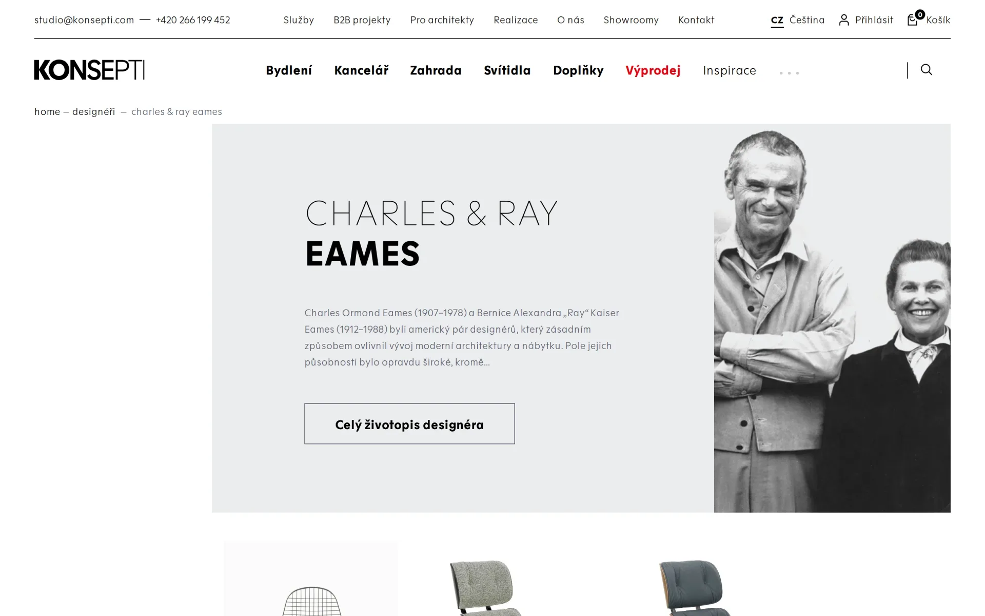 Stránka designéra na konsepti.com s medailonem a jeho produkty