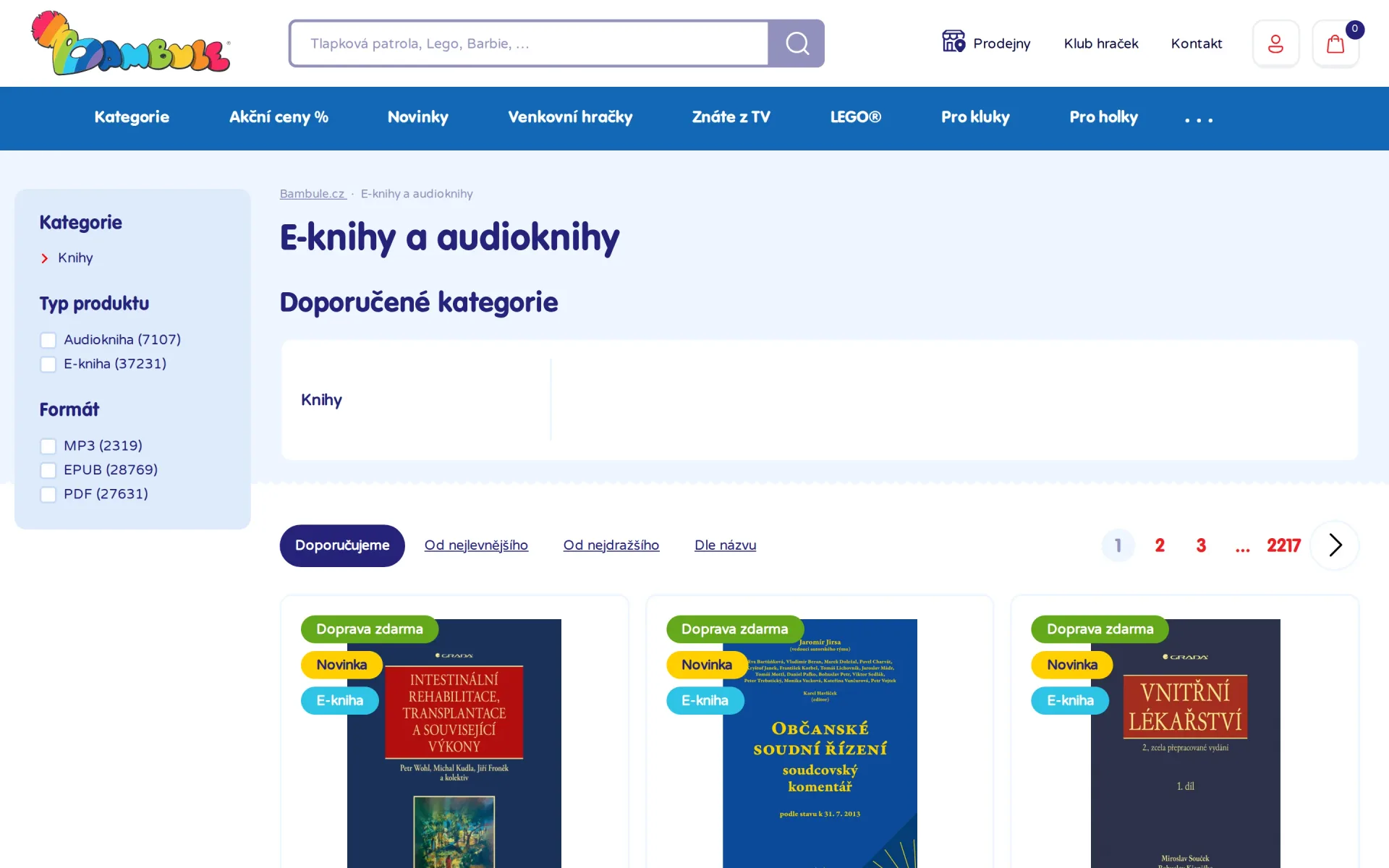 Kategorie E-knihy a audioknihy s filtry typu produktu a formátu