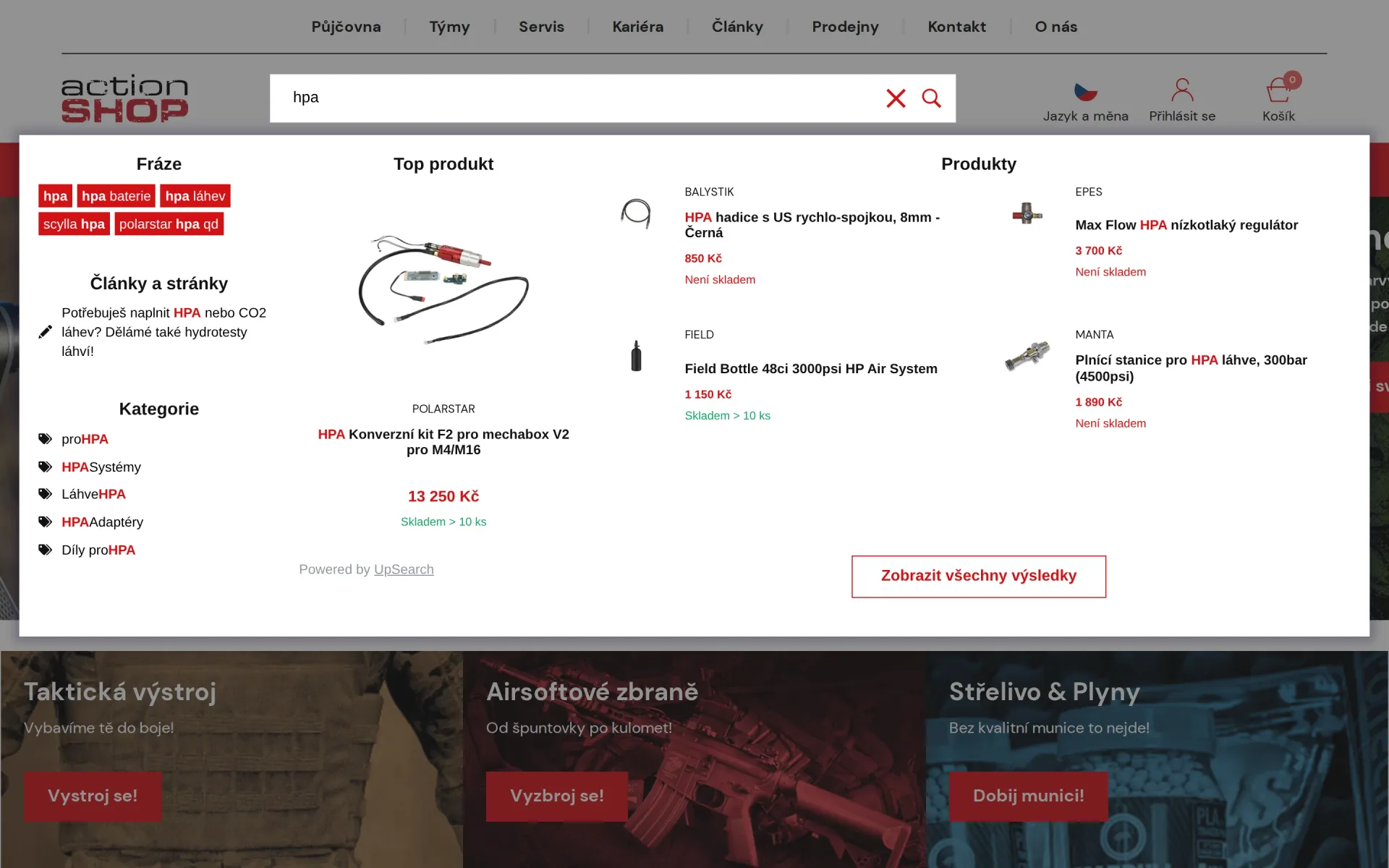 Otevřený našeptávač pro dotaz hpa s návrhy kategorií, značek a produktů s cenami na počítači.