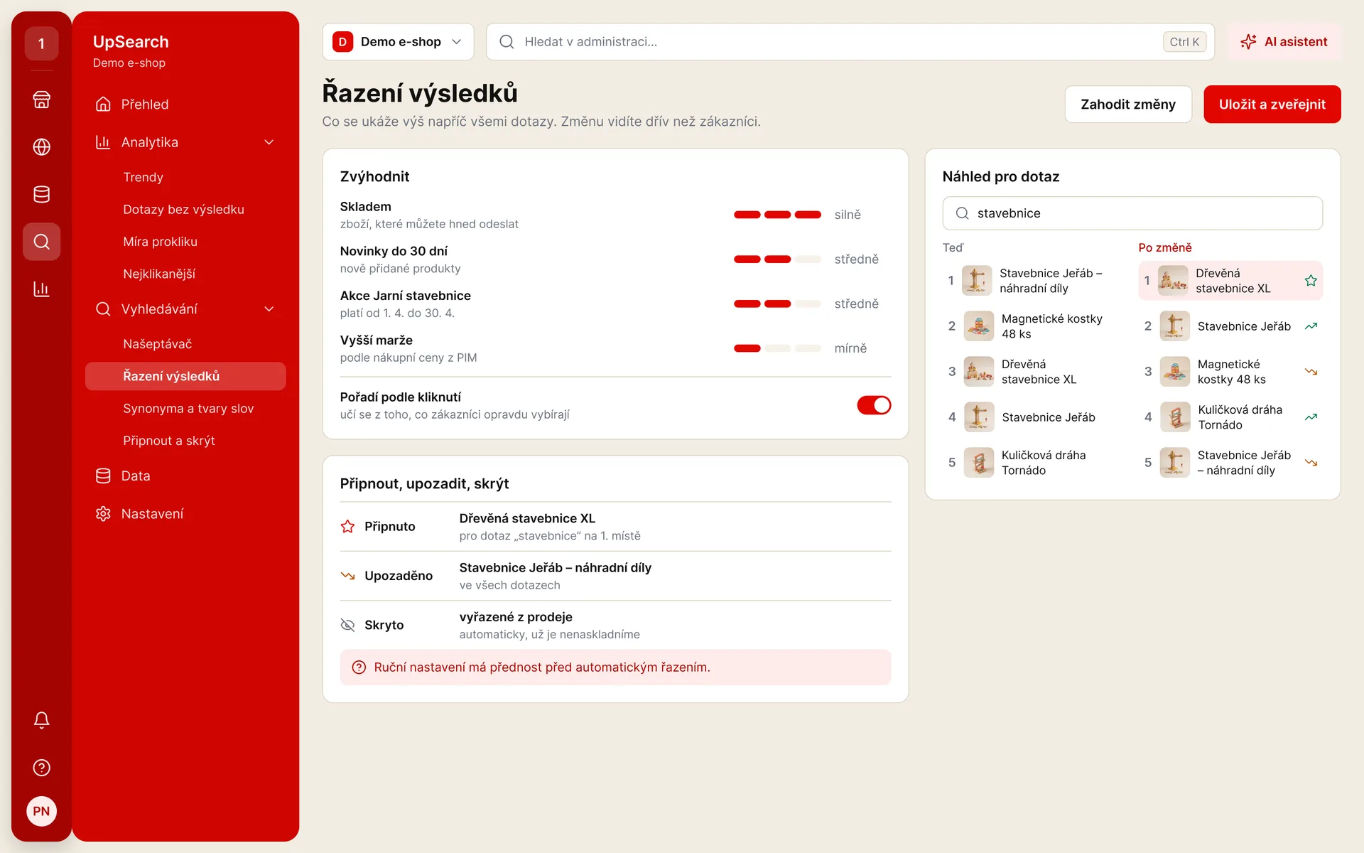 UpSearch: řazení výsledků – připnutí, upozadění a skrytí produktů (ukázková data)