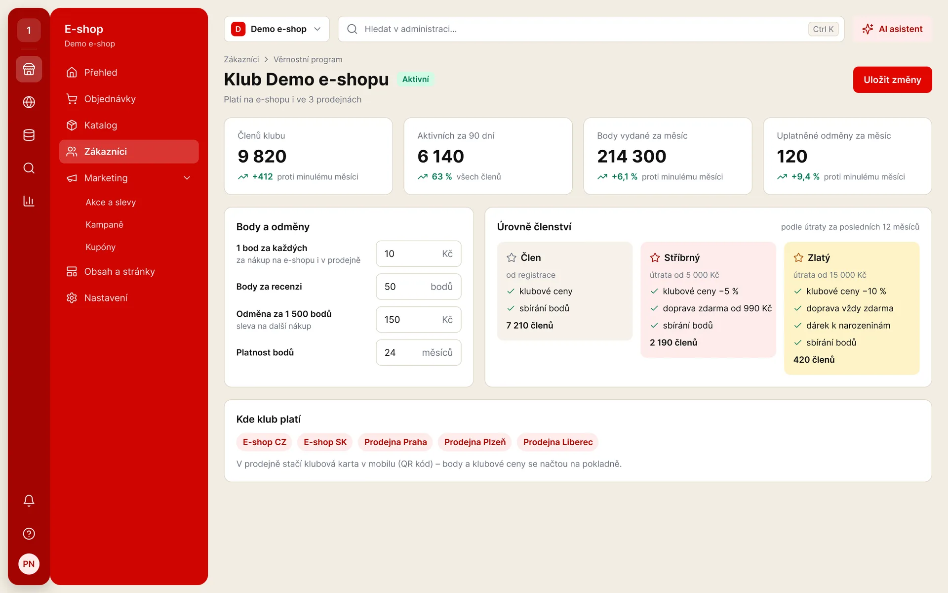 Administrace věrnostního programu: body a odměny, úrovně členství a kde klub platí (ukázková data)