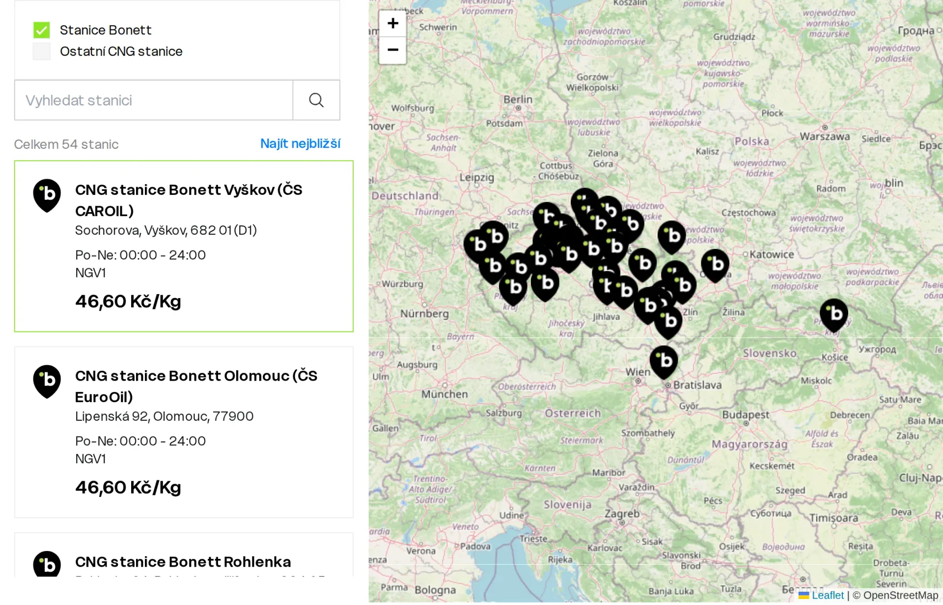 Výřez mapy CNG stanic: filtr stanic, vyhledávání, seznam stanic s cenou a mapa se značkami