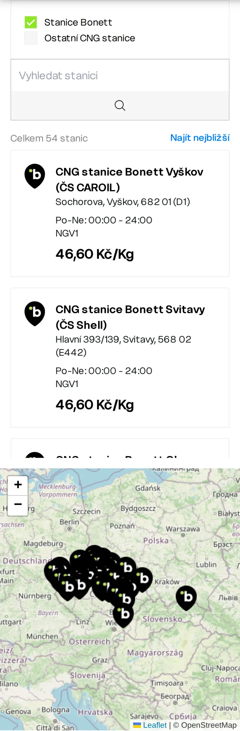 Výřez mapy CNG stanic se seznamem stanic a cenou na mobilu