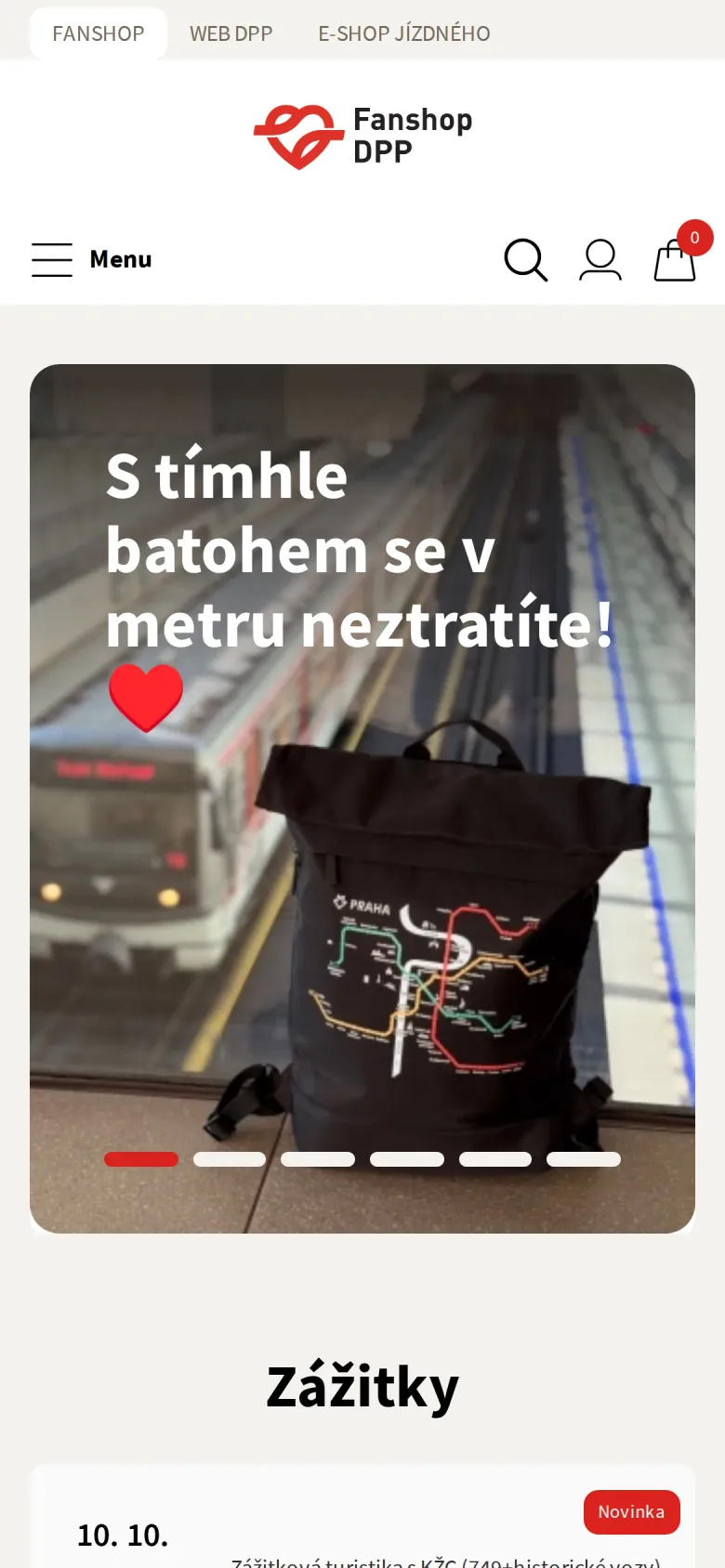Úvodní stránka Fanshopu DPP na mobilu s nabídkou suvenýrů