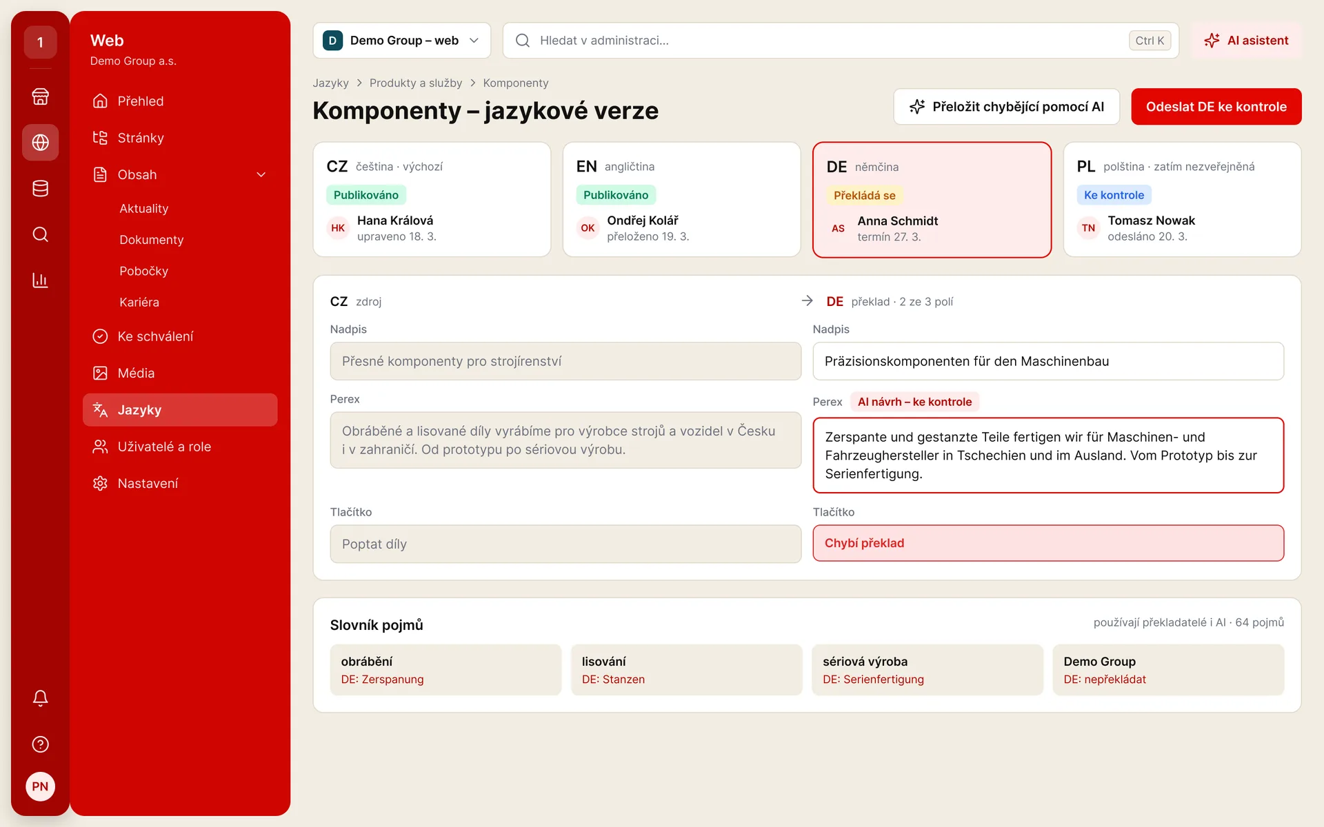 ePublisher: jazykové verze komponenty se stavem překladu (ukázková data)