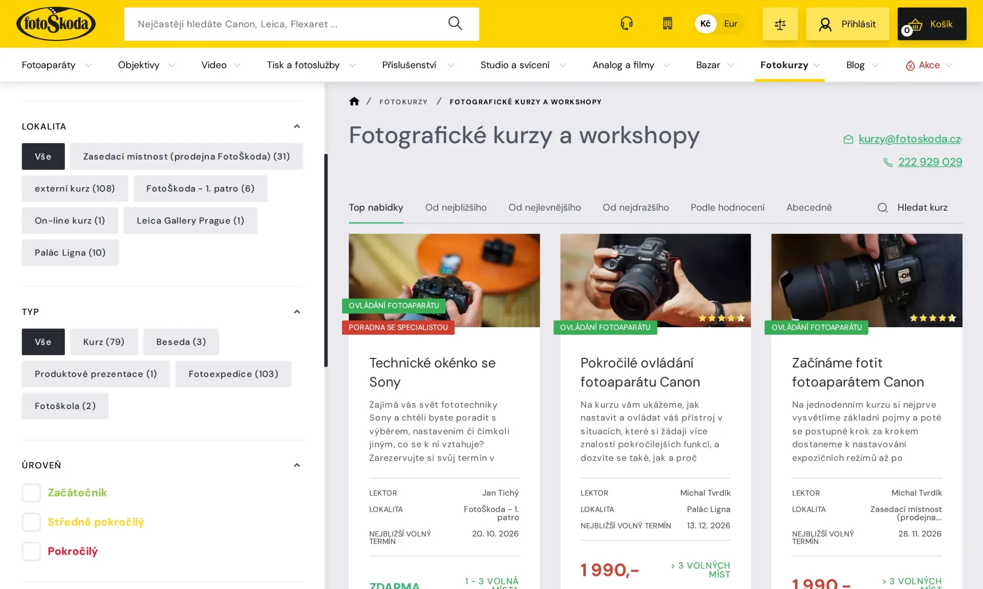 Výpis fotografických kurzů a workshopů s filtry podle lokality a typu