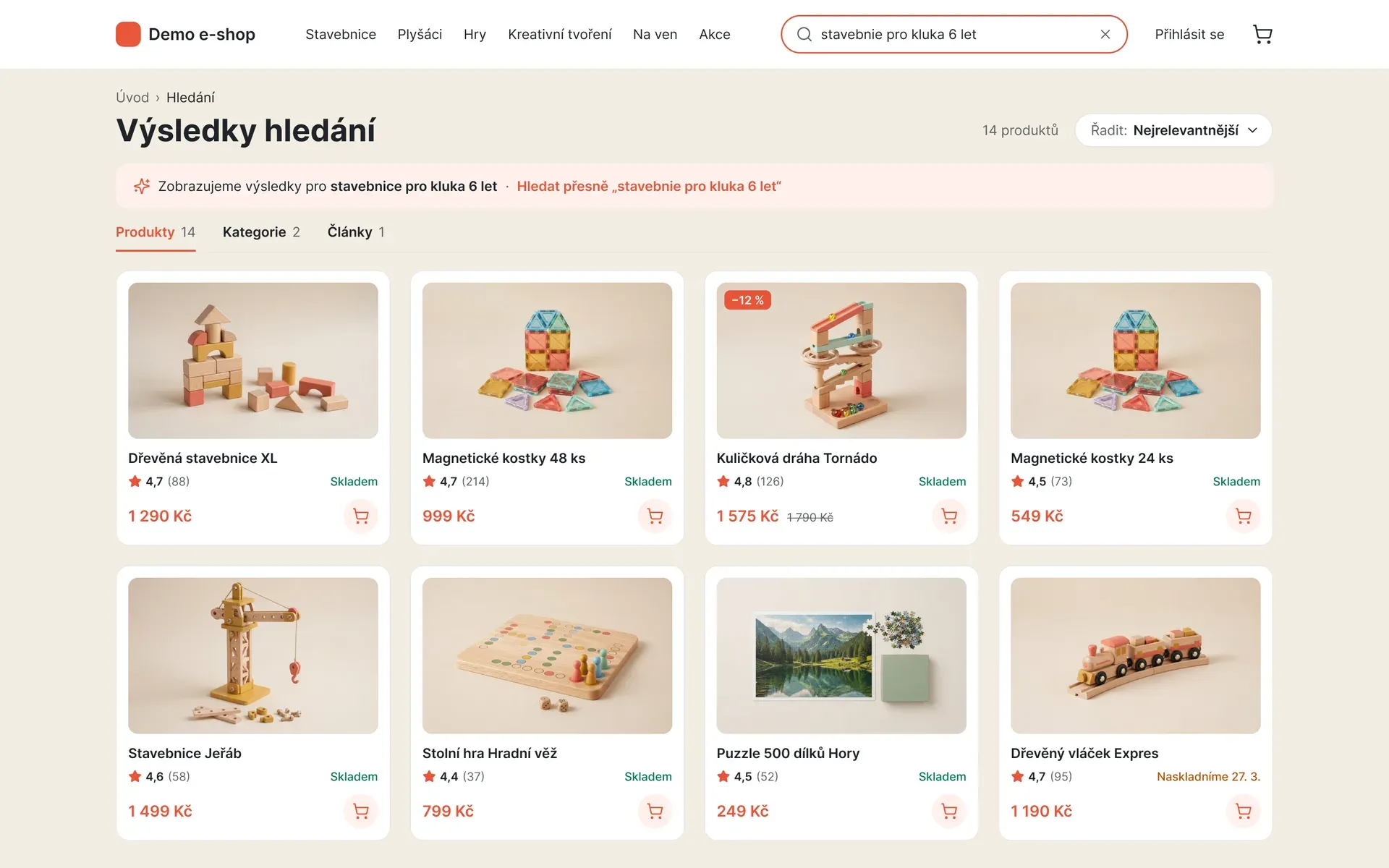 Demo e-shop s UpSearch: dotaz s překlepem „stavebnie pro kluka 6 let“ najde 14 produktů, na prvních místech 5 stavebnic vhodných pro šestileté (ukázková data)