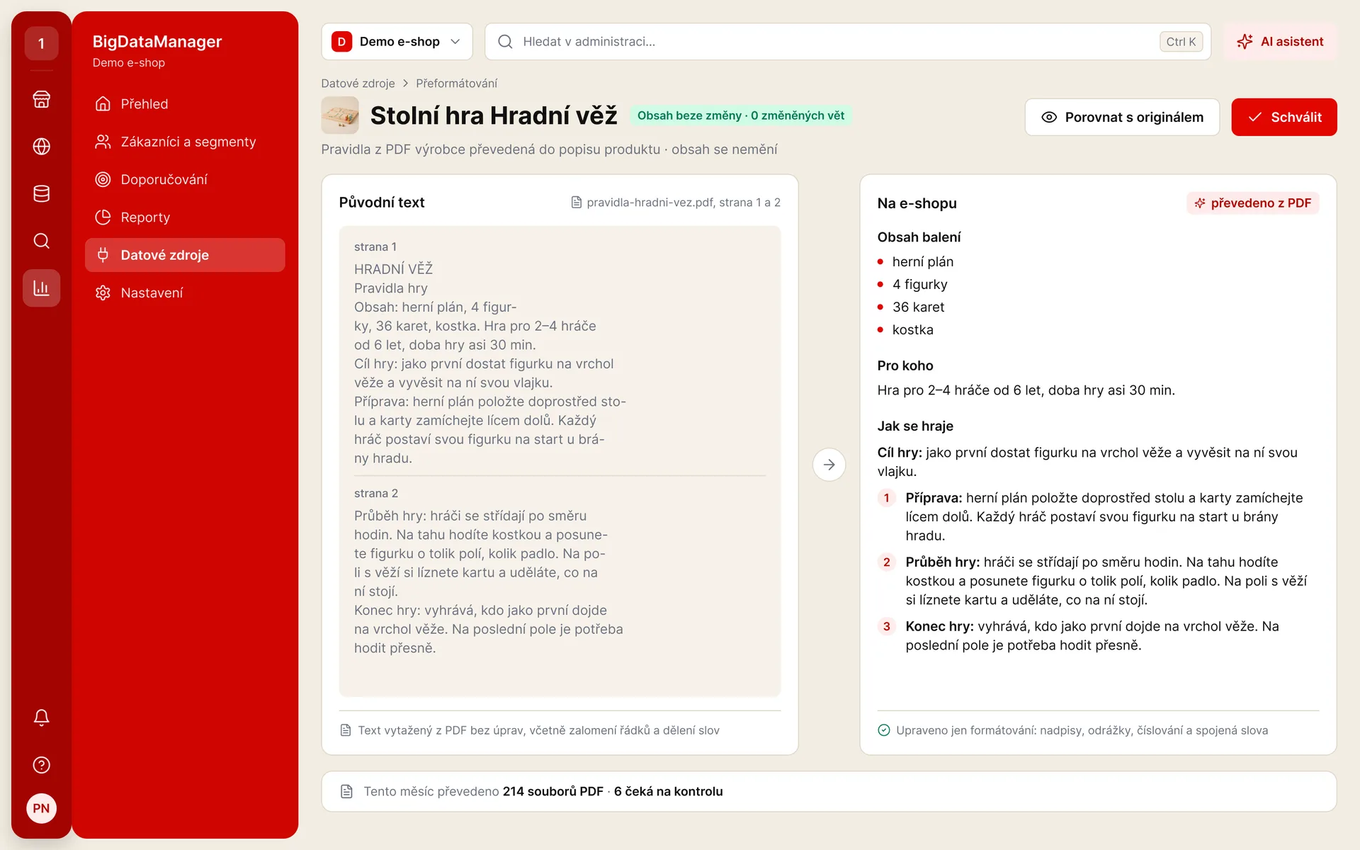 BigDataManager: text z PDF výrobce převedený do popisu produktu beze změny obsahu (ukázková data)